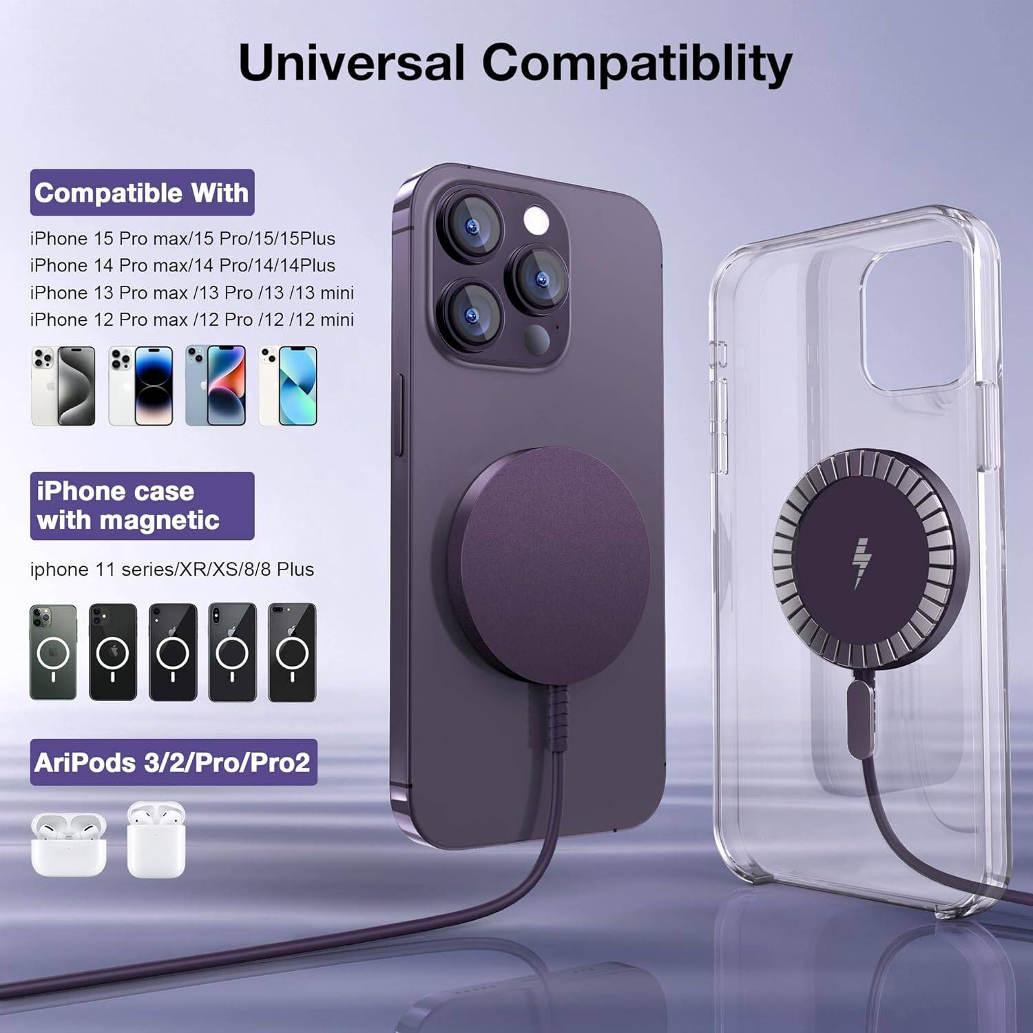 Chargeur magnétique sans fil pour iPhone, chargeur Mag, 2 tapis de chargement rapide pour iPhone 15 14 13 12 Pro Max plus et AirPods 2 3 Pro, violet