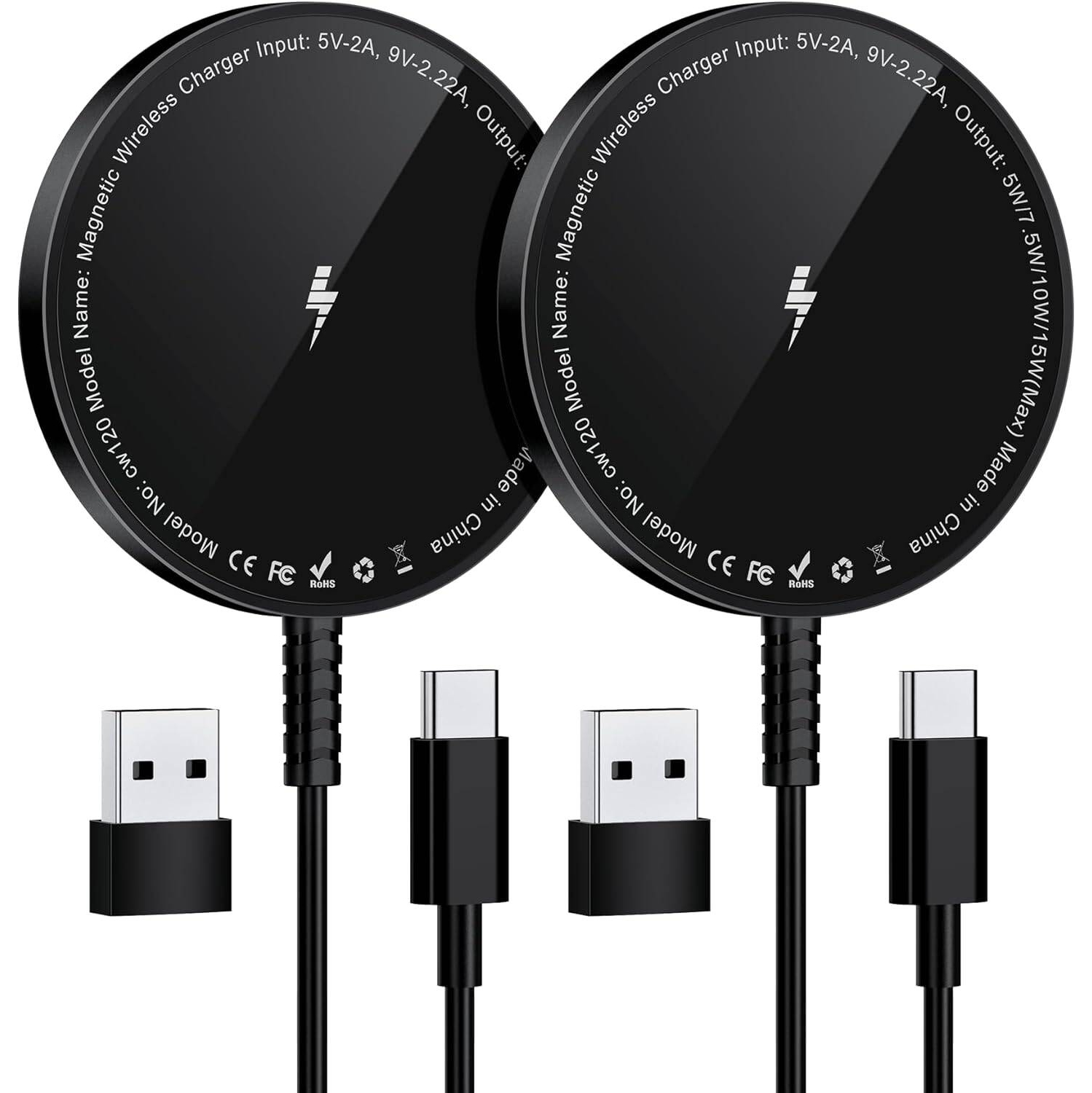 Magnetic Wireless Charger for iPhone, Mag Charger Fast Charging Pad 2 Pack for iPhone 15 14 13 12 Pro Max Plus & Airpods 2 3 Pro, Black