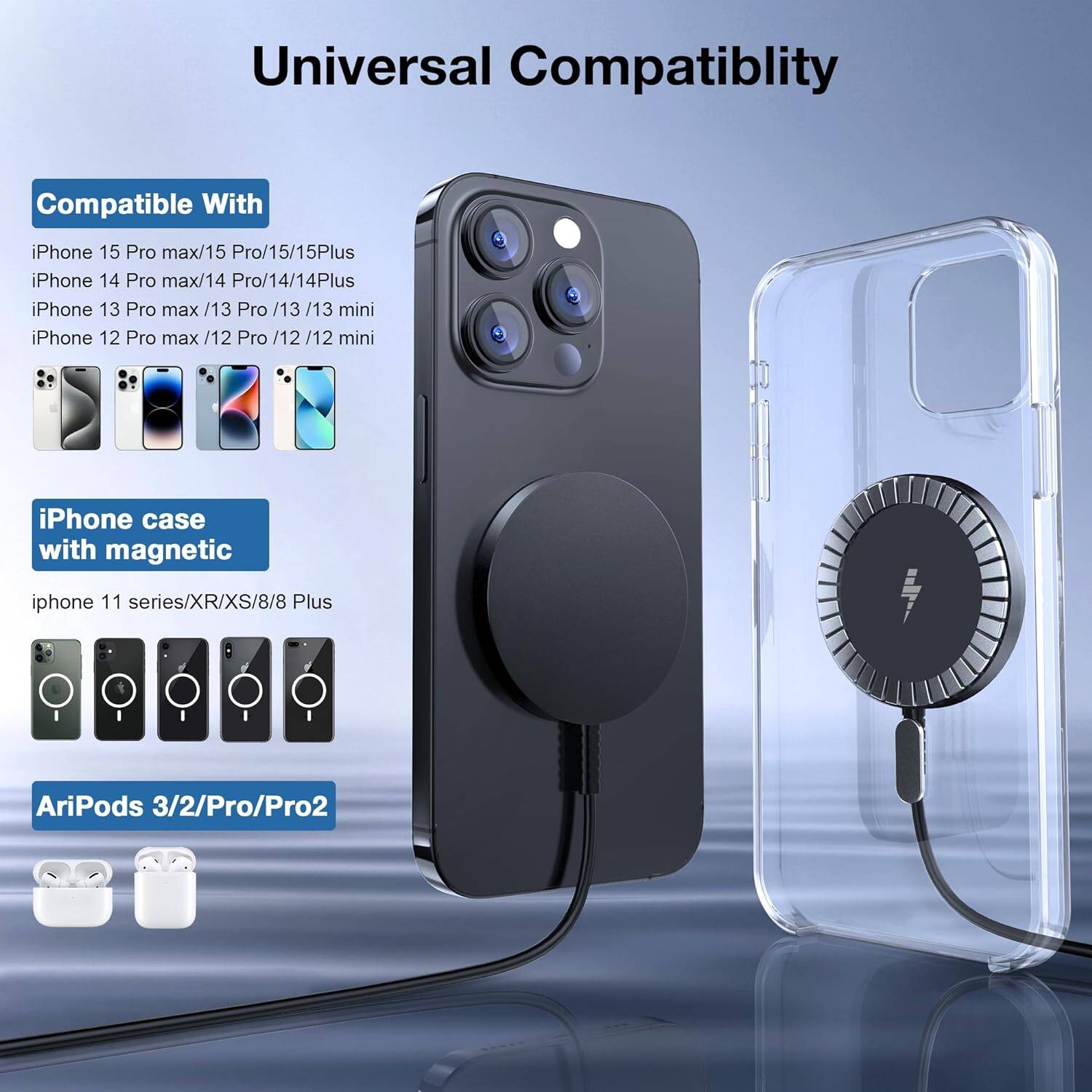 Magnetic Wireless Charger for iPhone, Mag Charger Fast Charging Pad 2 Pack for iPhone 15 14 13 12 Pro Max Plus & Airpods 2 3 Pro, Black