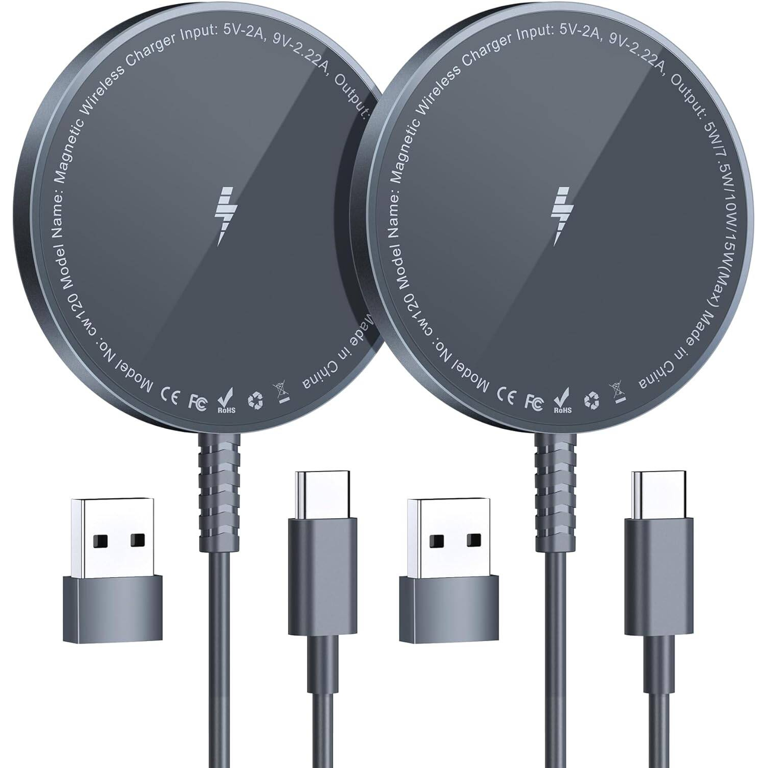 Magnetic Wireless Charger for iPhone, Mag Charger Fast Charging Pad 2 Pack for iPhone 15 14 13 12 Pro Max Plus & Airpods 2 3 Pro, Gray