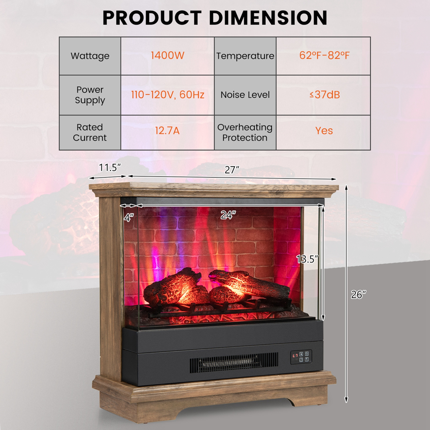 Costway 27" Electric Fireplace Heater Freestanding 1400W Remote Control Timing Function