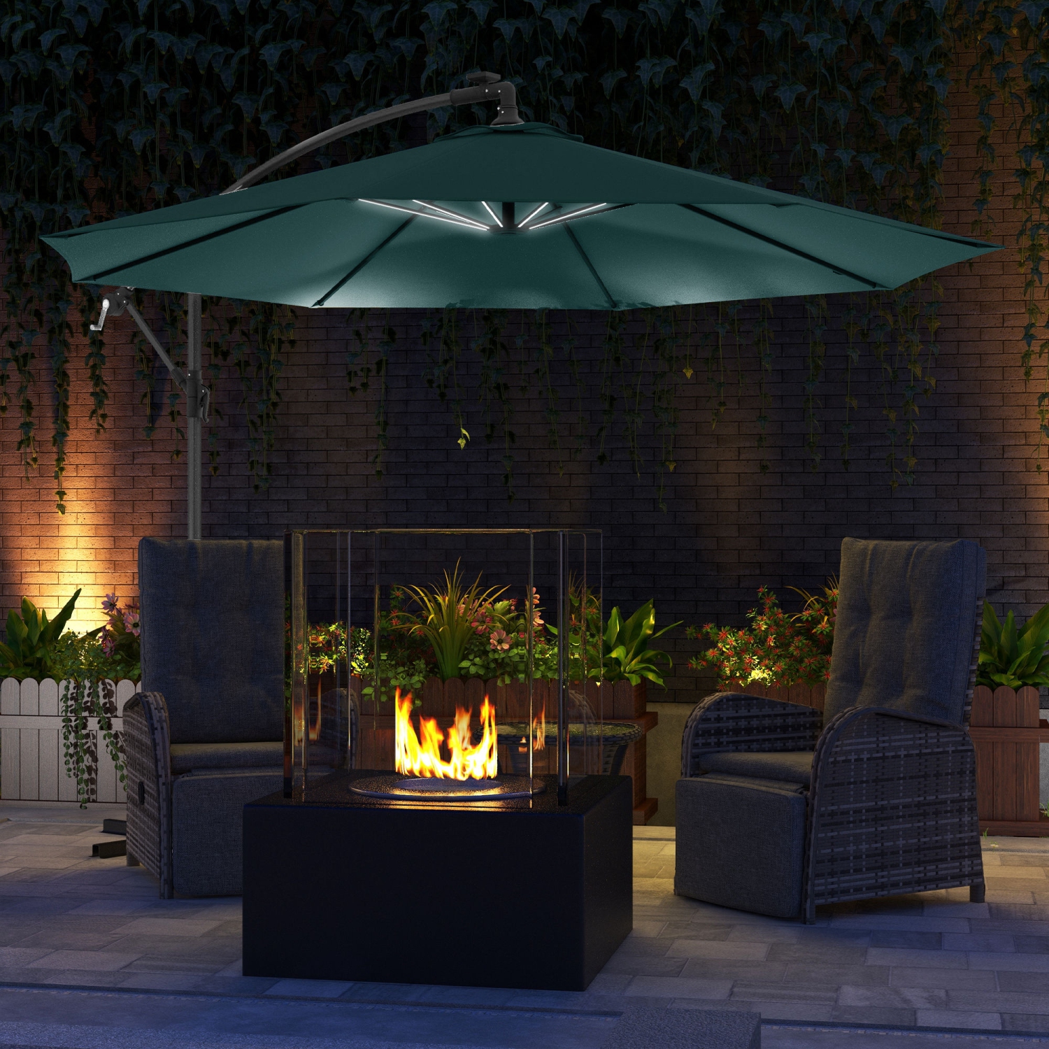 Outsunny 10ft Cantilever Solar Hanging Offset Umbrella Outdoor LED Lights Aluminum Market Banana Parasol Crank w/ Cross Base Garden Sun Shelter Green