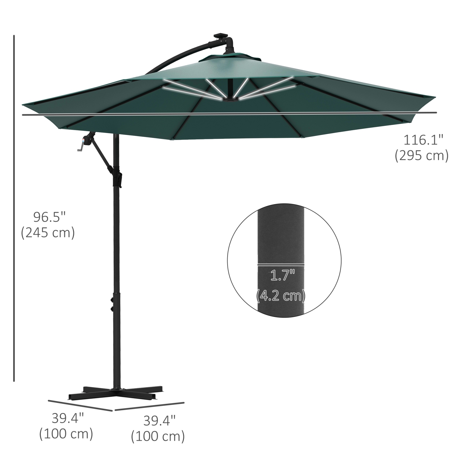 Outsunny 10ft Cantilever Solar Hanging Offset Umbrella Outdoor LED Lights Aluminum Market Banana Parasol Crank w/ Cross Base Garden Sun Shelter Green