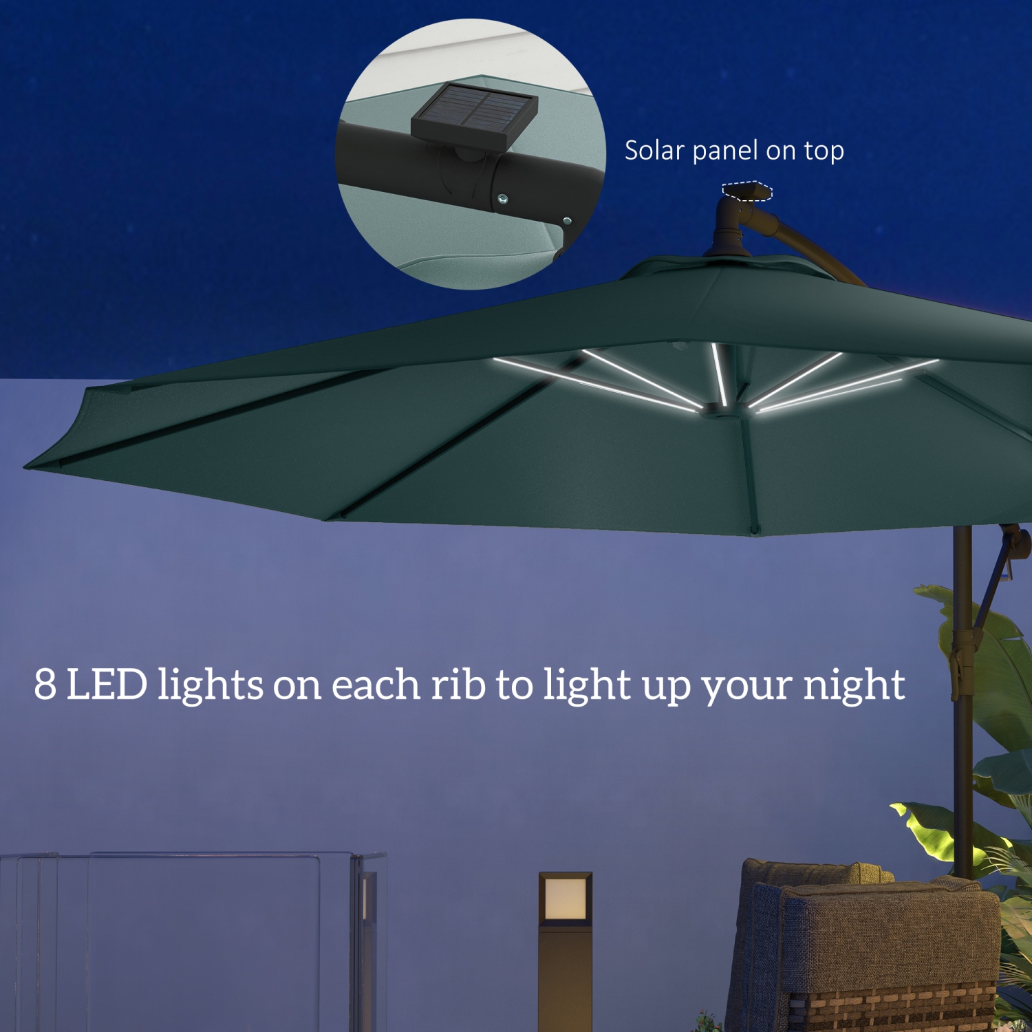 Outsunny 10ft Cantilever Solar Hanging Offset Umbrella Outdoor LED Lights Aluminum Market Banana Parasol Crank w/ Cross Base Garden Sun Shelter Green