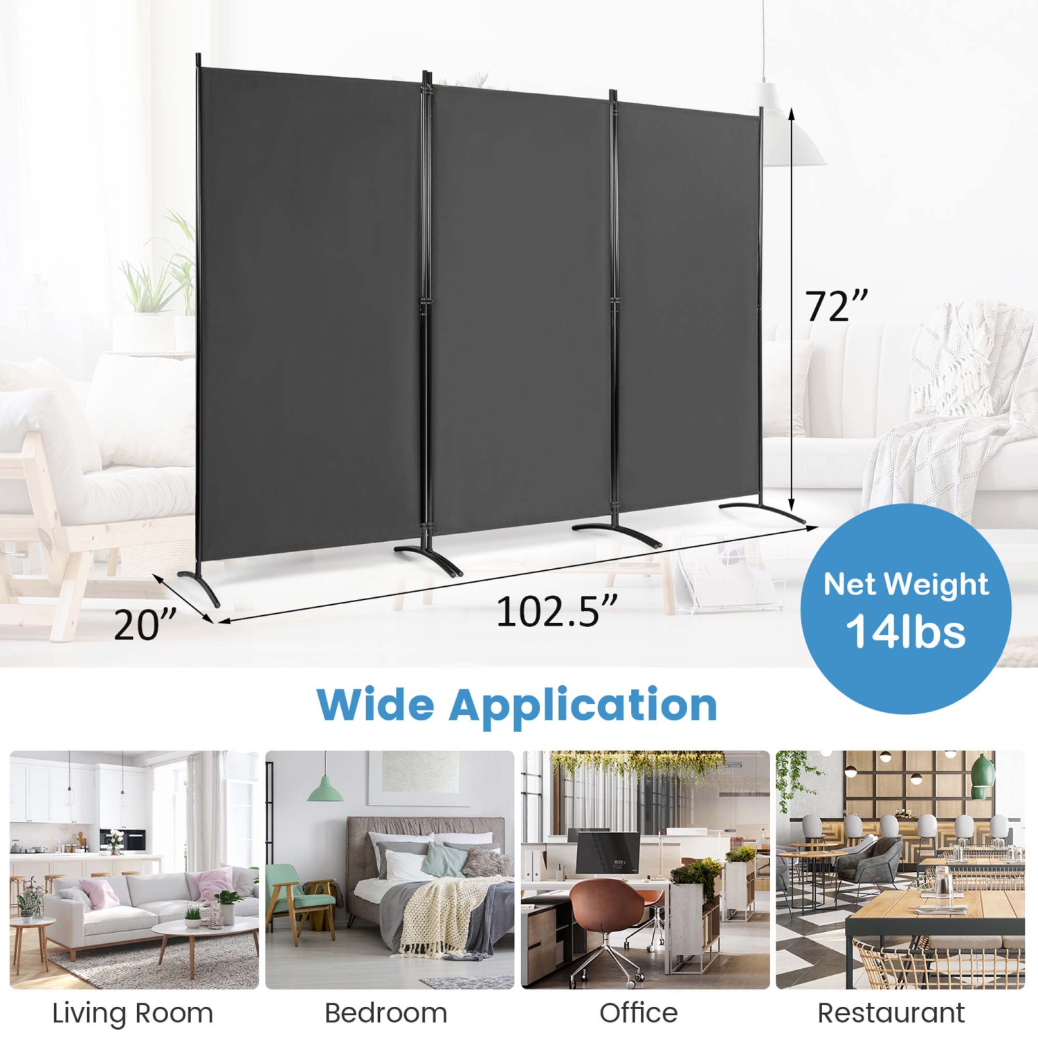 Costway 3-Panel Room Divider Folding Privacy Partition Screen for Office Room