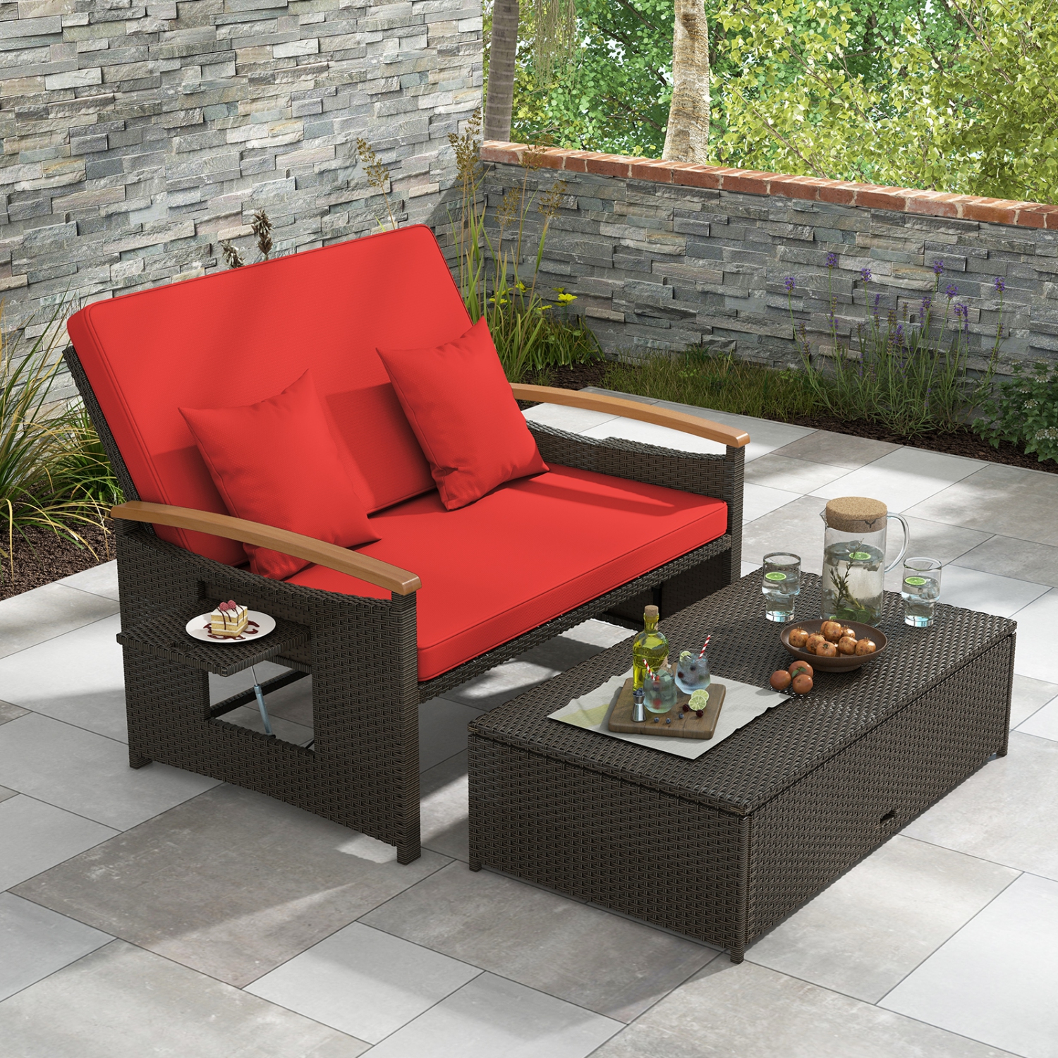 Ensemble de patio en rotin avec causeuse rembourrée et pouf de rangement de Costway pour porche