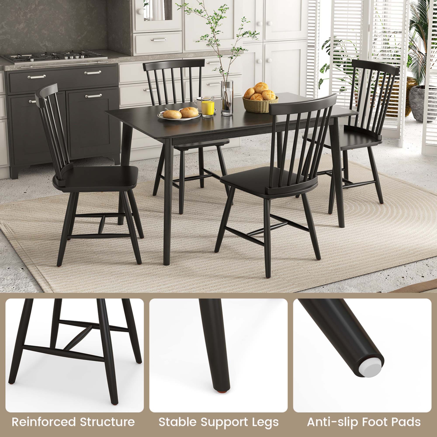 Costway Windsor Dining Chairs Set of 2 Armless Spindle Back Solid Rubber Wood