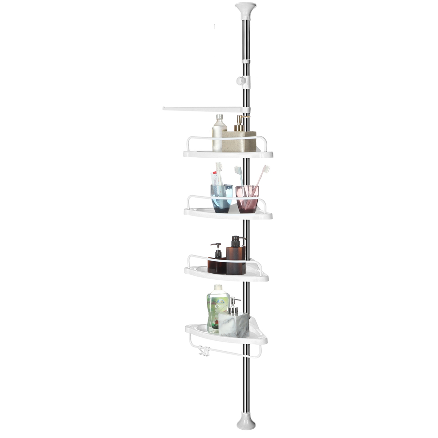 SONGMICS HOME Adjustable Bathroom Corner Shelf, Telescopic Shower Caddy, 95-300 cm, Floor to Ceiling, with Stainless Steel Frame, 4 Trays, 3 Hooks, 1