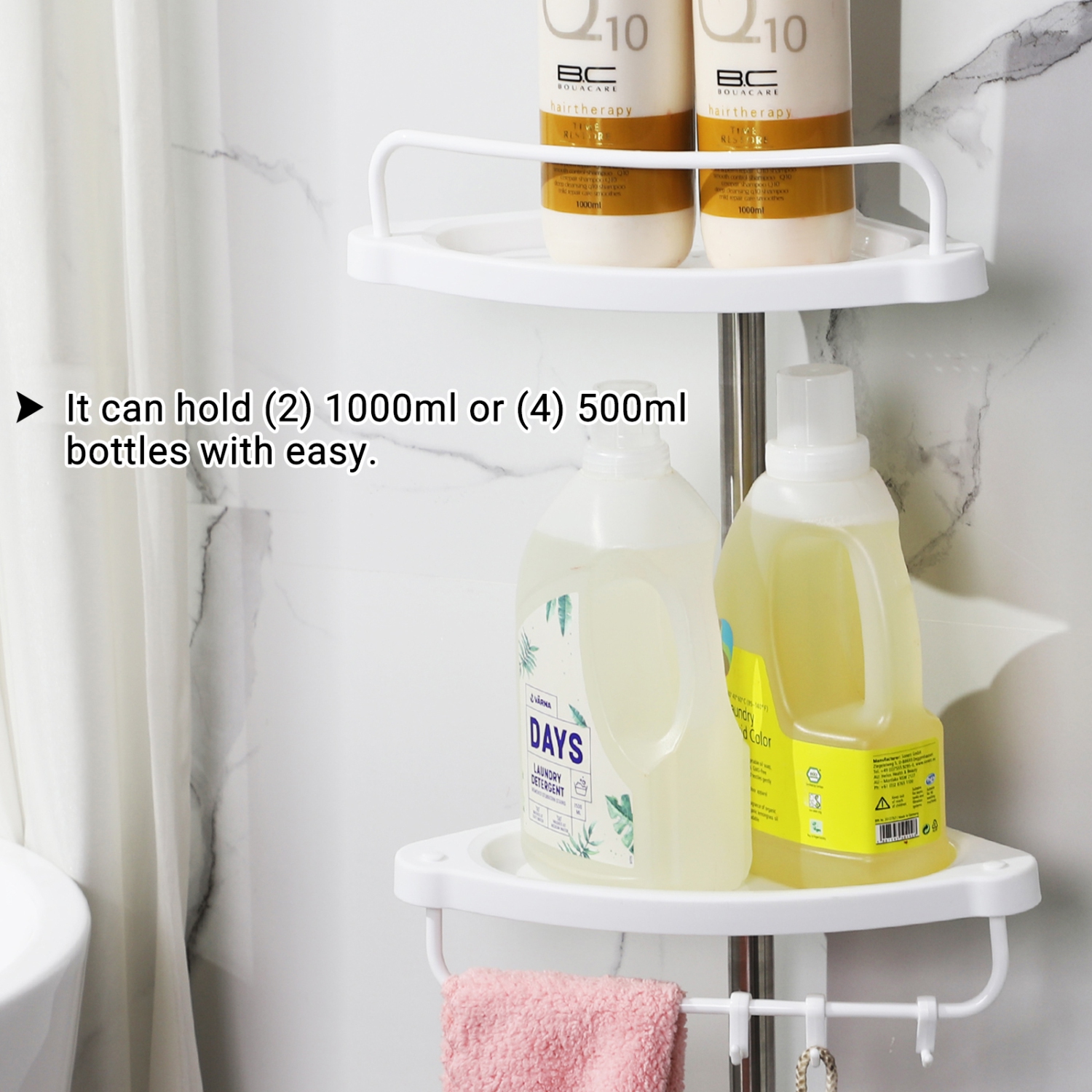 SONGMICS HOME Adjustable Bathroom Corner Shelf, Telescopic Shower Caddy, 95-300 cm, Floor to Ceiling, with Stainless Steel Frame, 4 Trays, 3 Hooks, 1