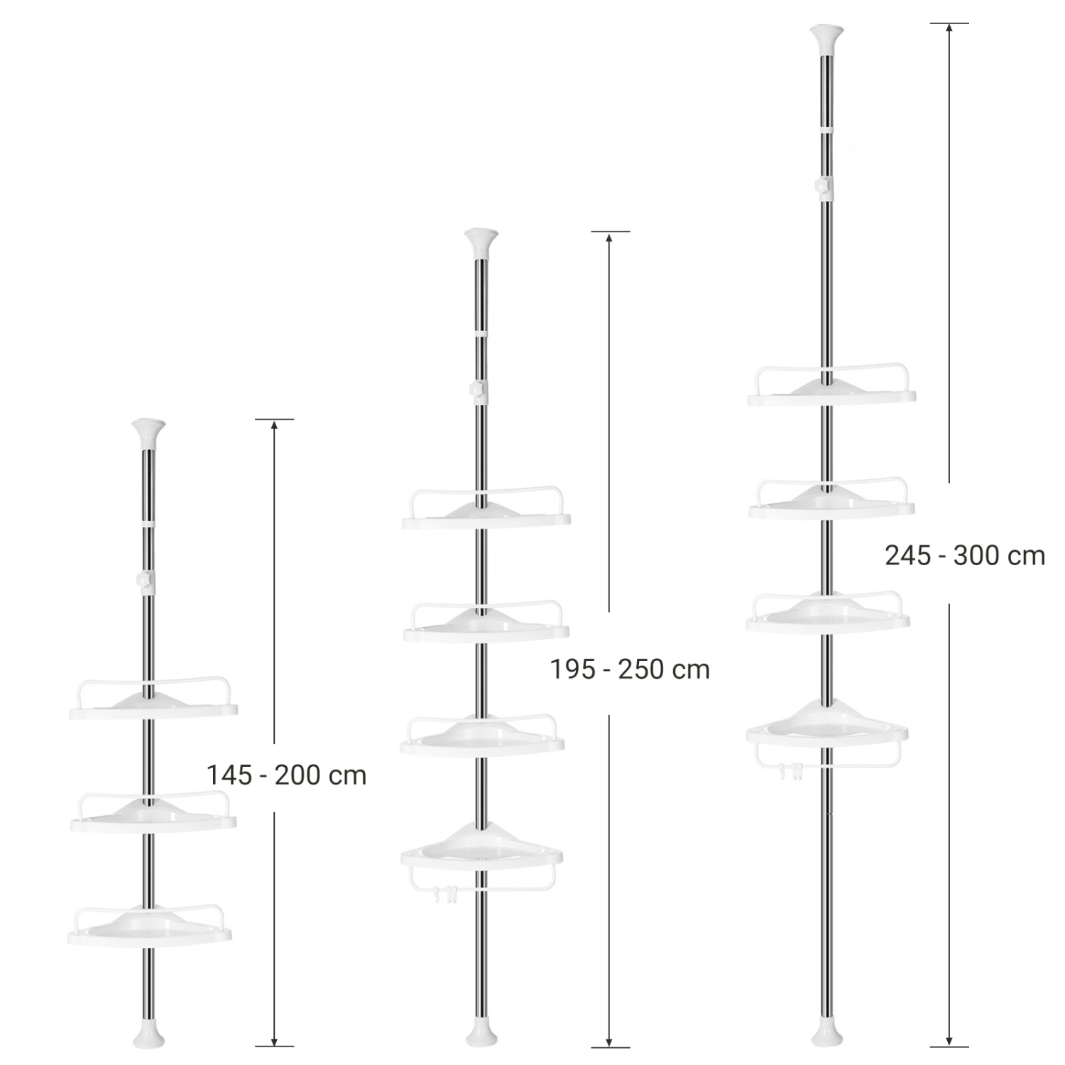 SONGMICS HOME Adjustable Bathroom Corner Shelf, Telescopic Shower Caddy, 95-300 cm, Floor to Ceiling, with Stainless Steel Frame, 4 Trays, 3 Hooks, 1