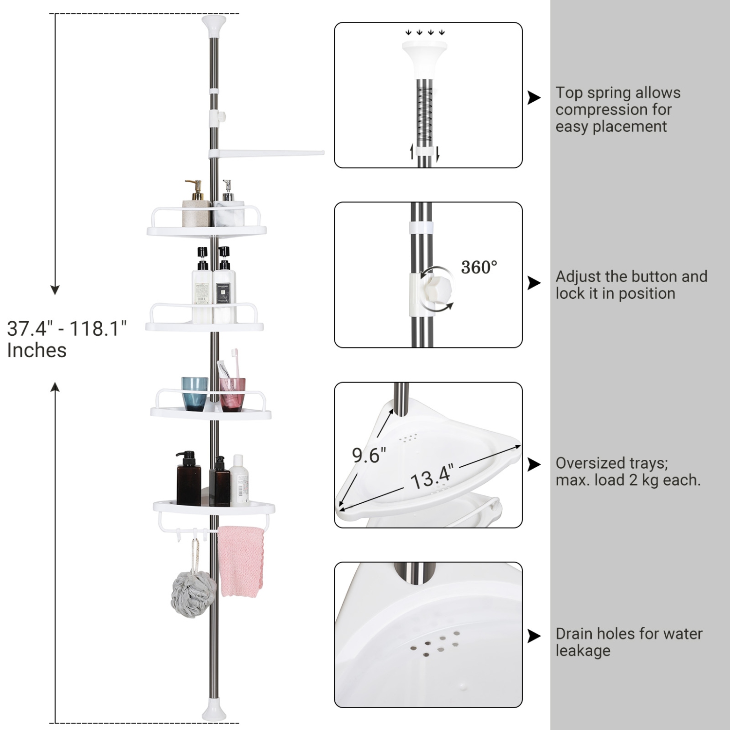 SONGMICS HOME Adjustable Bathroom Corner Shelf, Telescopic Shower Caddy, 95-300 cm, Floor to Ceiling, with Stainless Steel Frame, 4 Trays, 3 Hooks, 1