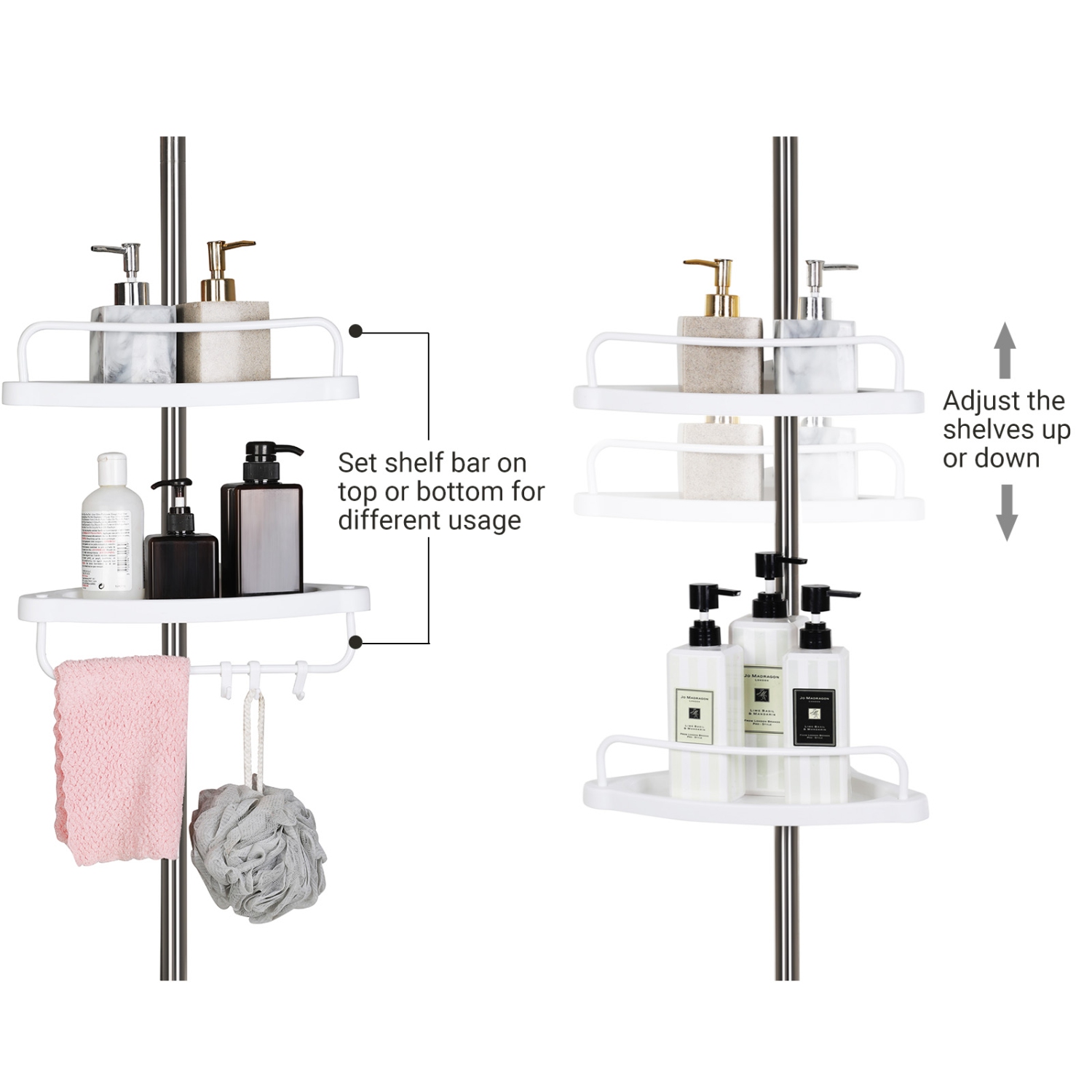 SONGMICS HOME Adjustable Bathroom Corner Shelf, Telescopic Shower Caddy, 95-300 cm, Floor to Ceiling, with Stainless Steel Frame, 4 Trays, 3 Hooks, 1