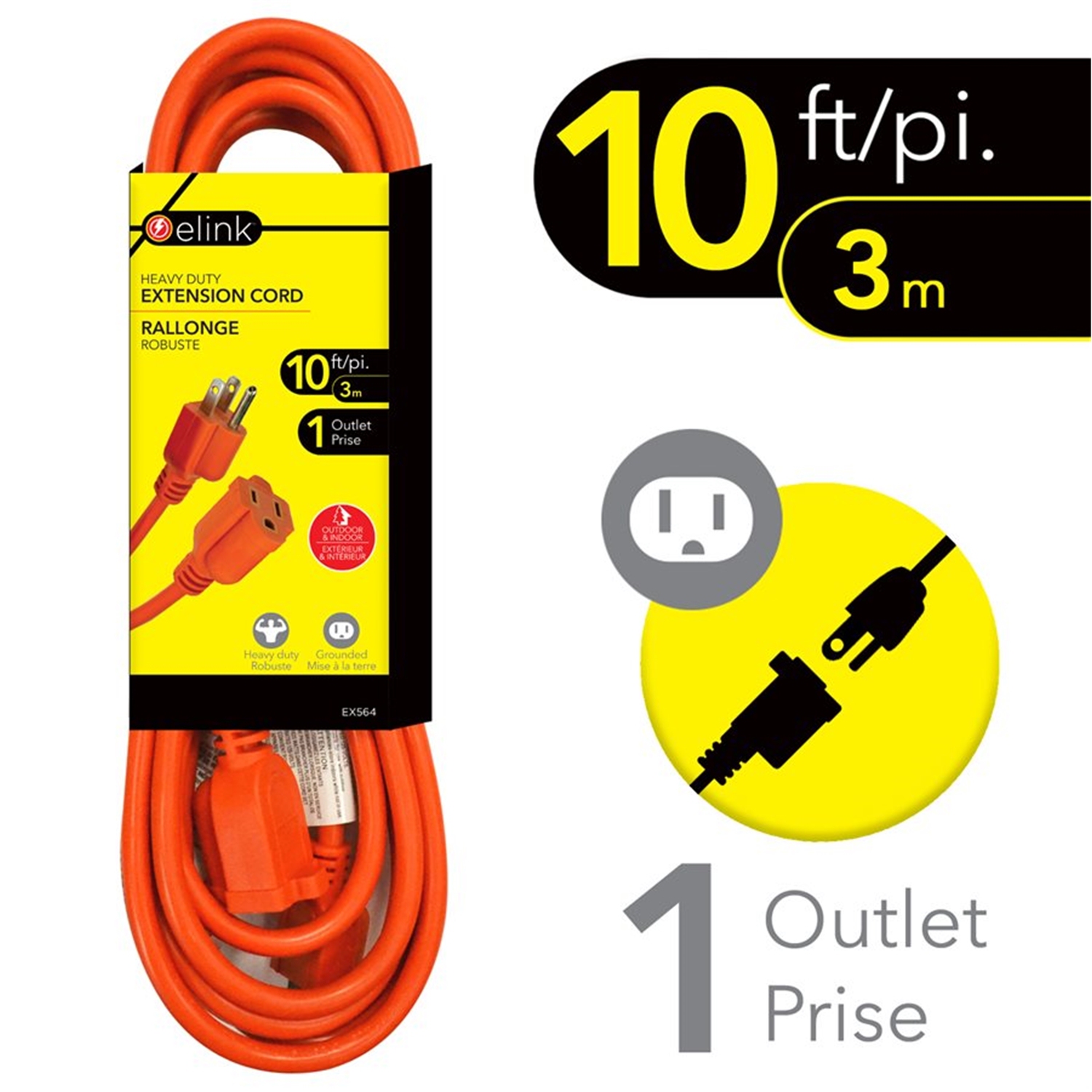 ELink – Rallonge d’intérieur/extérieur, 10 pi de longueur, orange