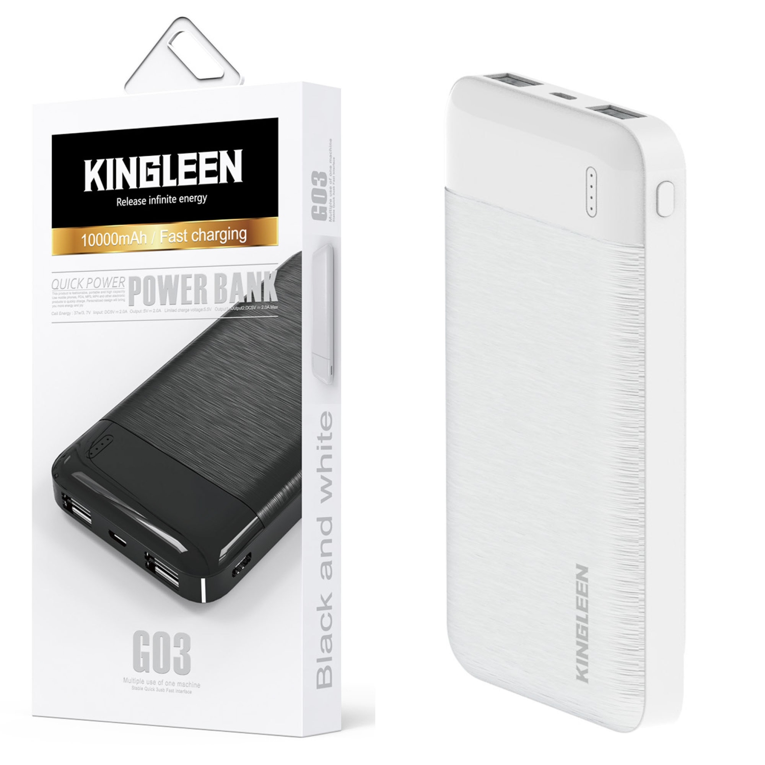 KINGLEEN Fast Charging Dual USB 10000mAh Portable Power Bank Fast Charging - White