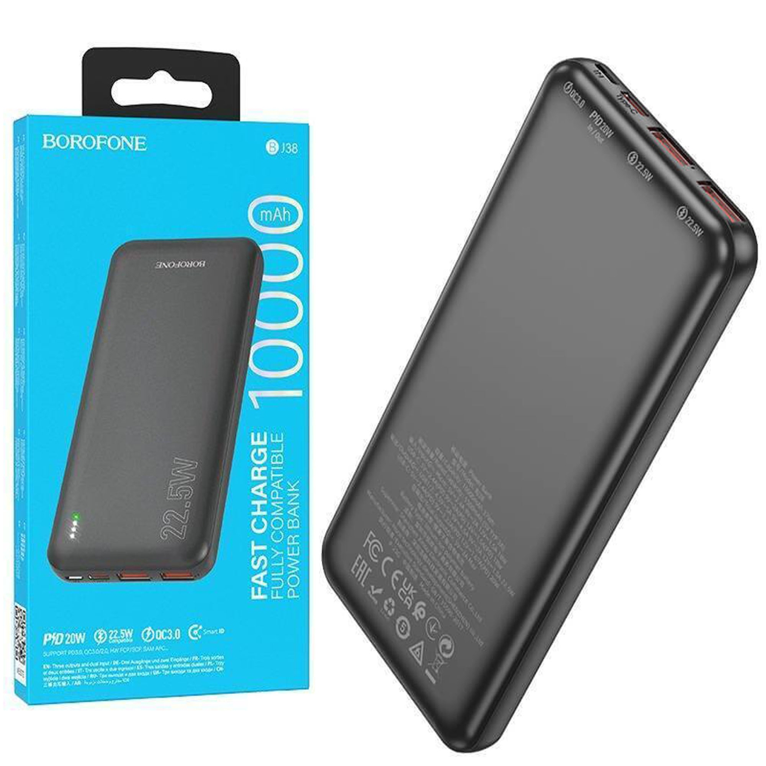 Chargeur portable BOROFONE 10000&nbsp;mAh PD 20&nbsp;W batterie portative rapide longue durée recharge rapide - Noir