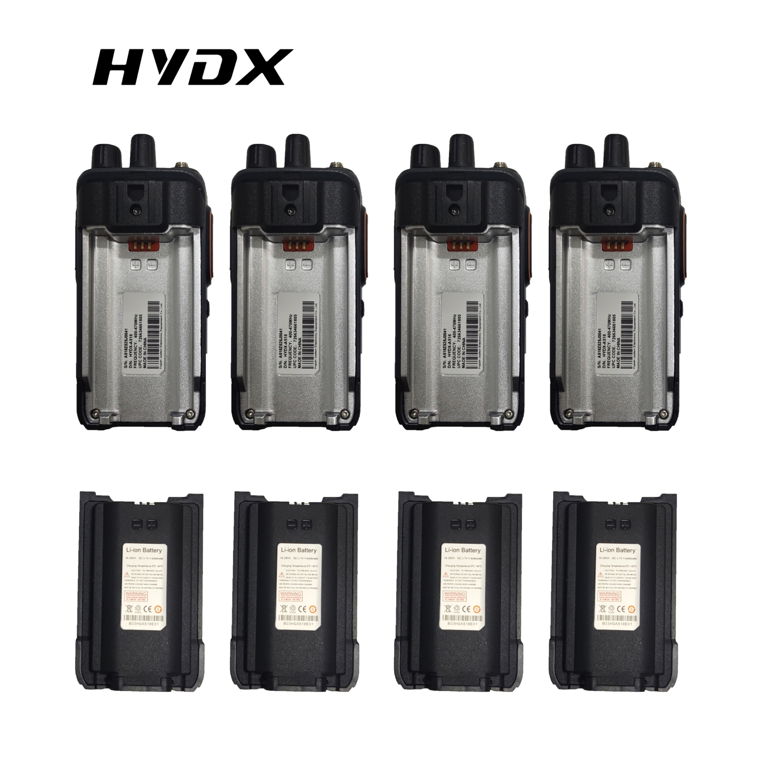 Compact Walkie Talkies - Set of 4 in Black & Grey, Plastic + Metal Construction, Licensed-Free