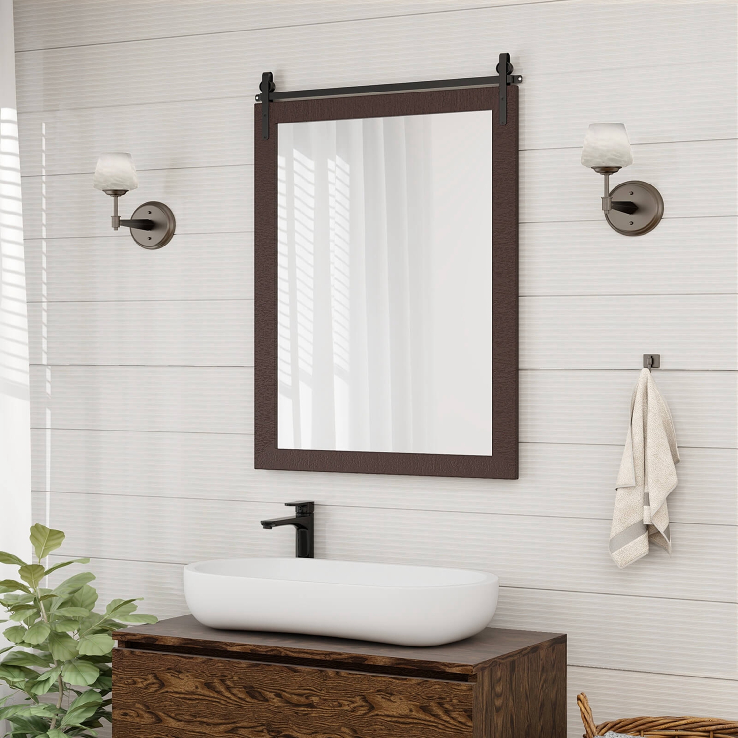 Costway – Miroir mural de 30 x x22 po, miroir de salle de bain, cadre en bois, style de porte de grange