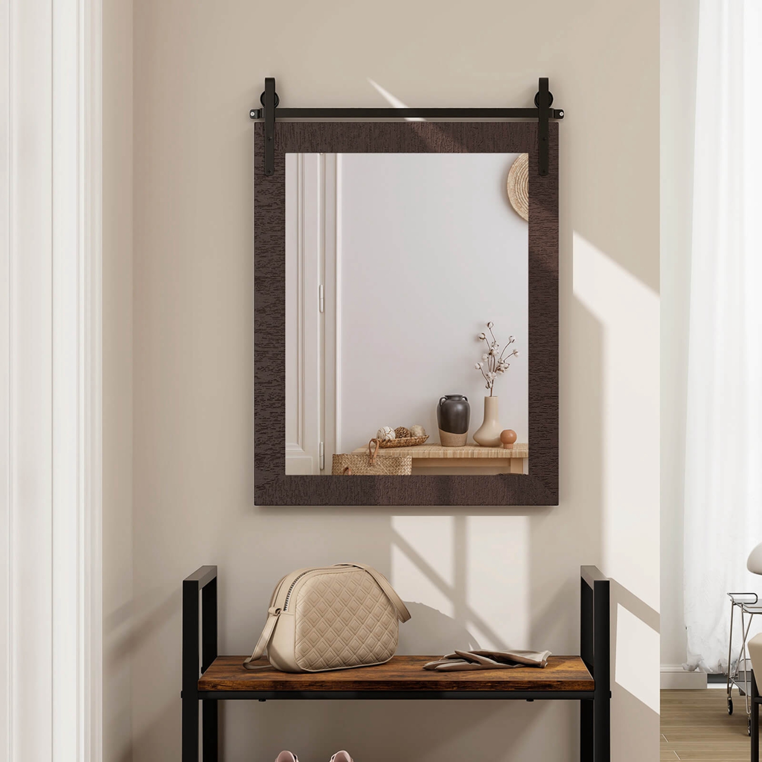 Costway – Miroir mural de 30 x x22 po, miroir de salle de bain, cadre en bois, style de porte de grange
