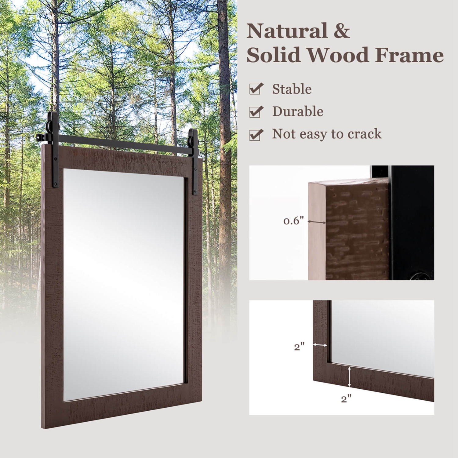 Costway – Miroir mural de 30 x x22 po, miroir de salle de bain, cadre en bois, style de porte de grange