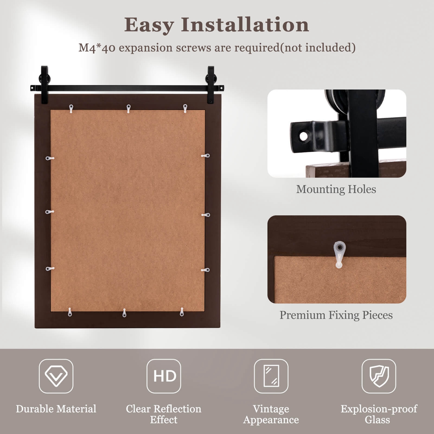 Costway – Miroir mural de 30 x x22 po, miroir de salle de bain, cadre en bois, style de porte de grange