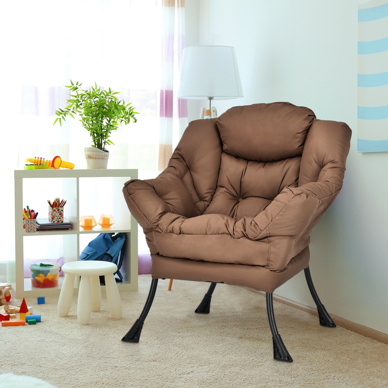 Costway Modern Polyester Fabric Lazy Chair Single Sofa Chair w/ Side Pocket