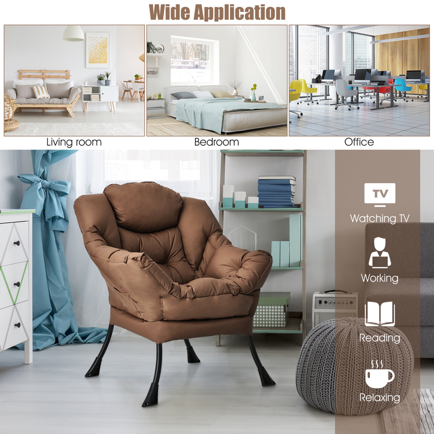 Costway Modern Polyester Fabric Lazy Chair Single Sofa Chair w/ Side Pocket