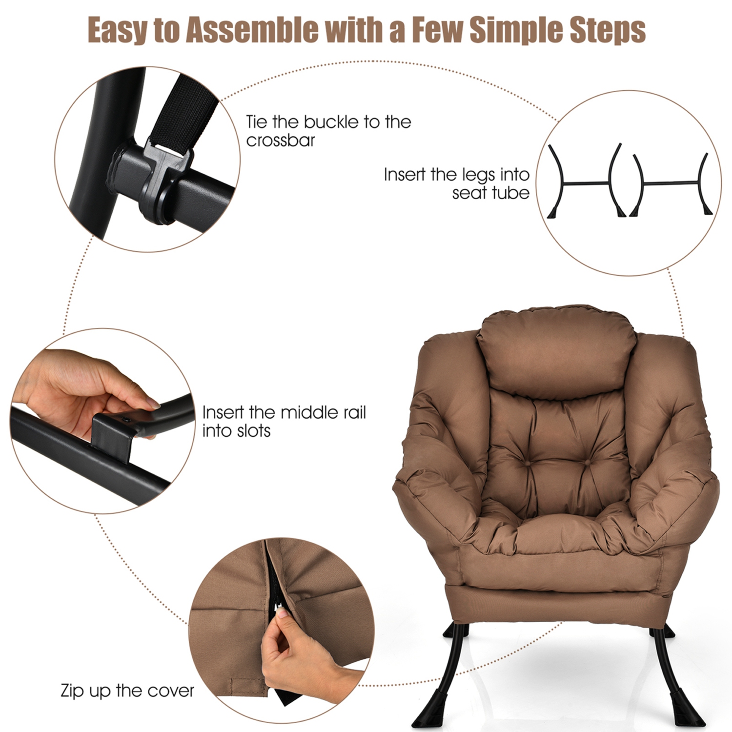 Costway Modern Polyester Fabric Lazy Chair Single Sofa Chair w/ Side Pocket