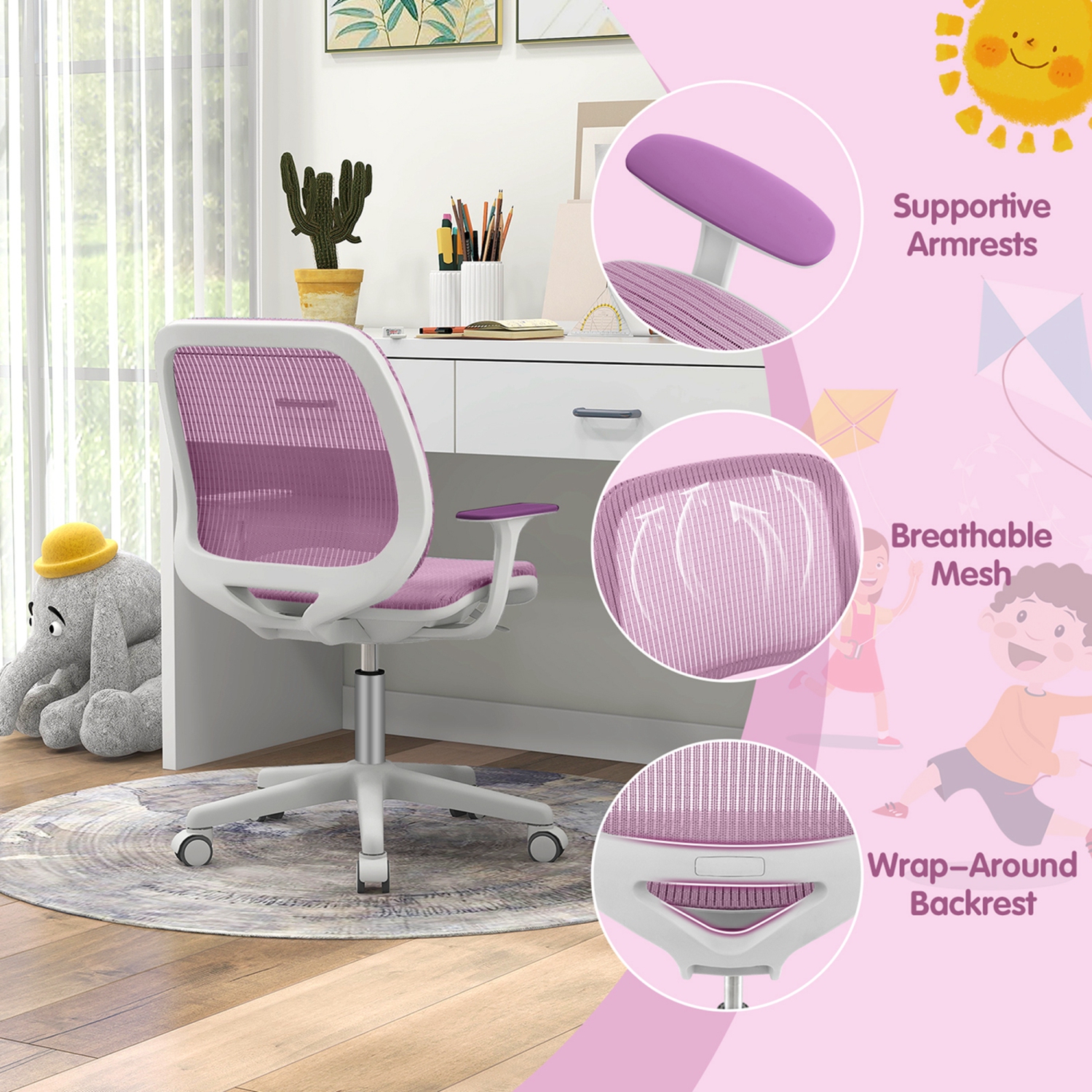 Costway Kids Desk Armchair Swivel Mesh Children Computer Chair with Adjustable Height