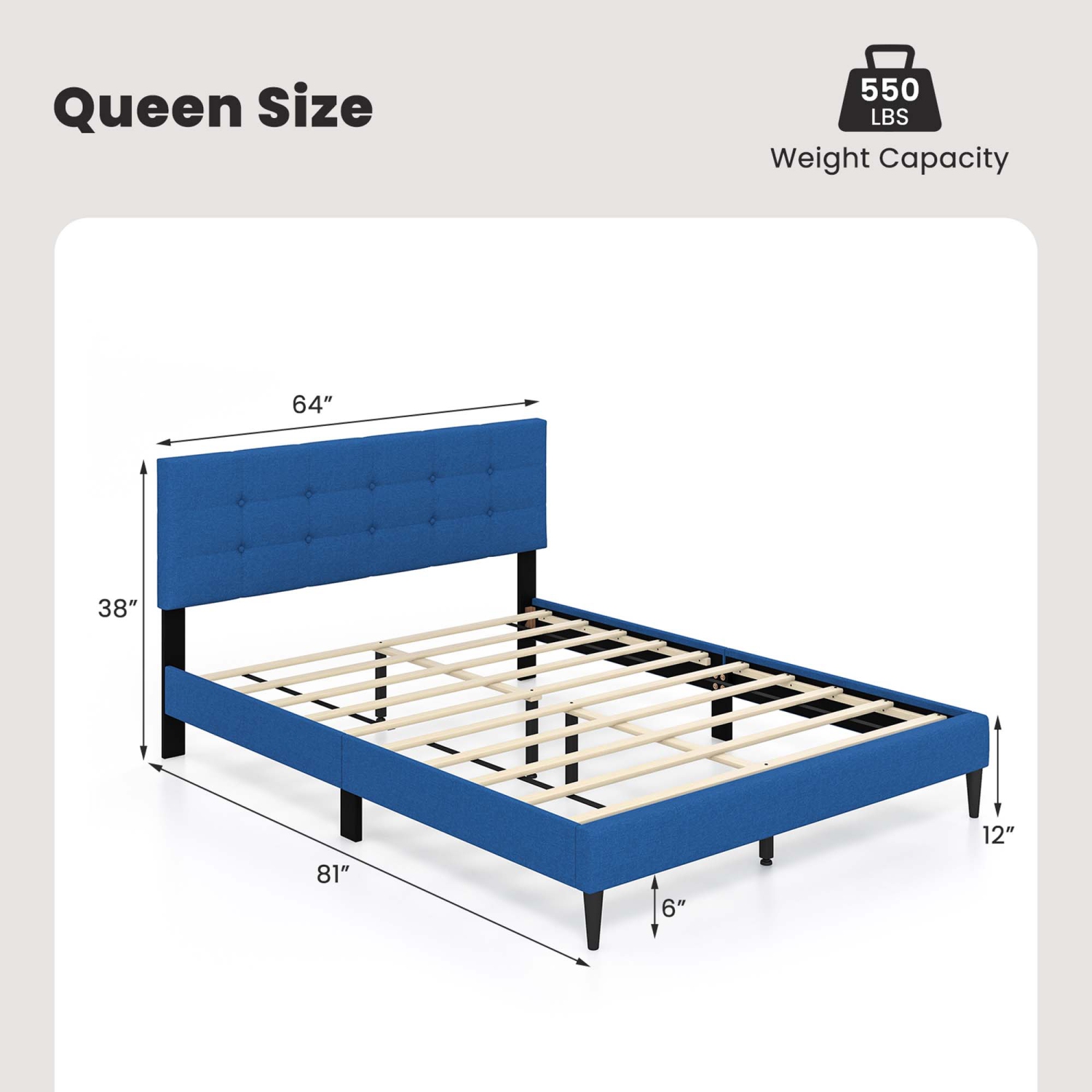 Costway Queen Upholstered Platform Bed Mattress Foundation Button Tufted Headboard
