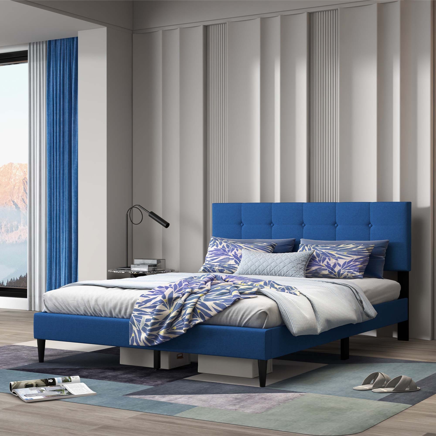 Costway Queen Upholstered Platform Bed Mattress Foundation Button Tufted Headboard