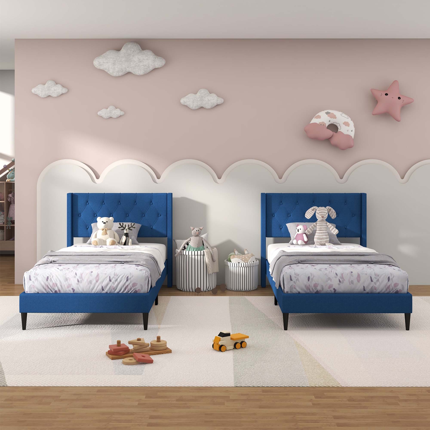 Costway Twin Size Upholstered Platform Bed with Button Tufted Wingback Headboard