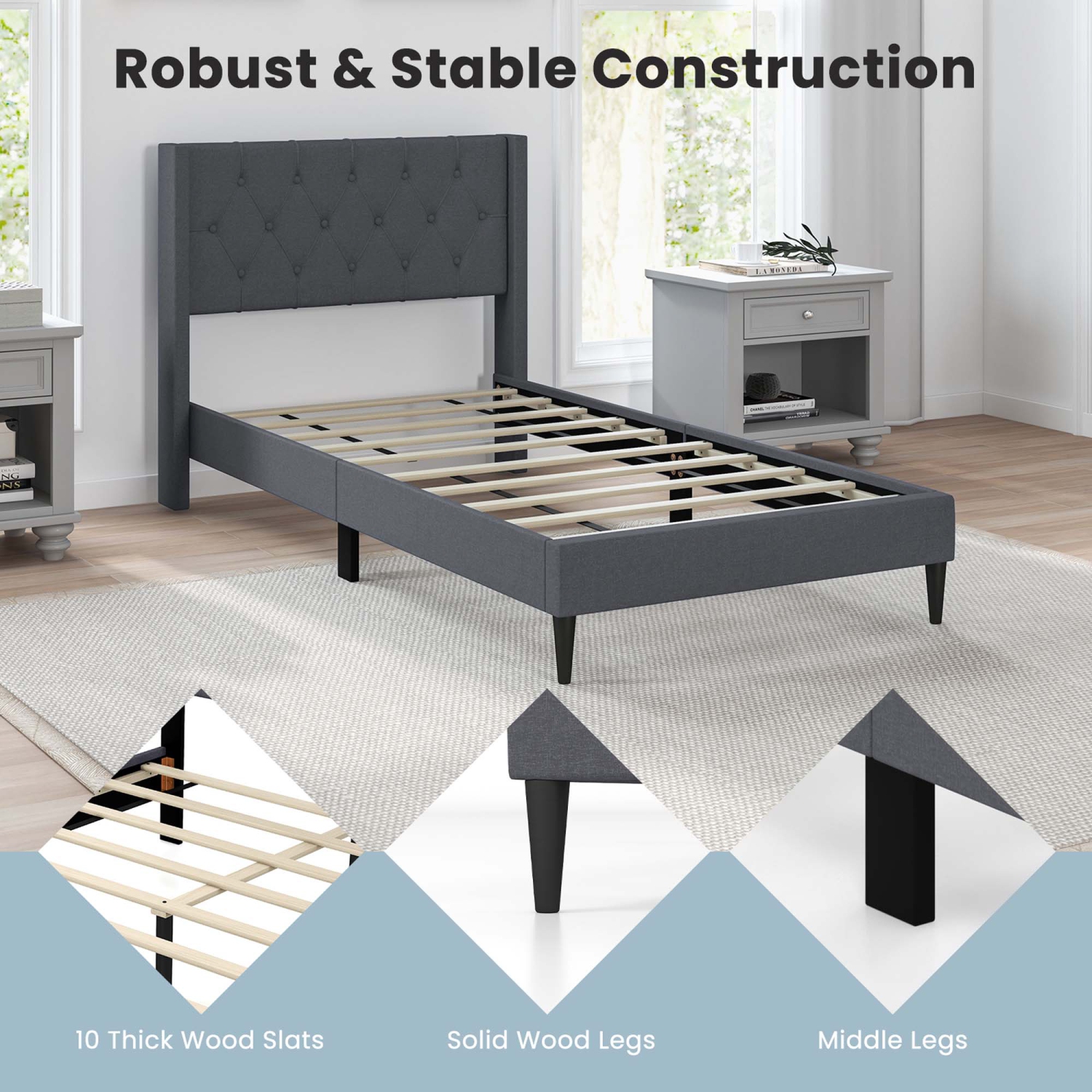 Costway Twin Size Upholstered Platform Bed with Button Tufted Wingback Headboard