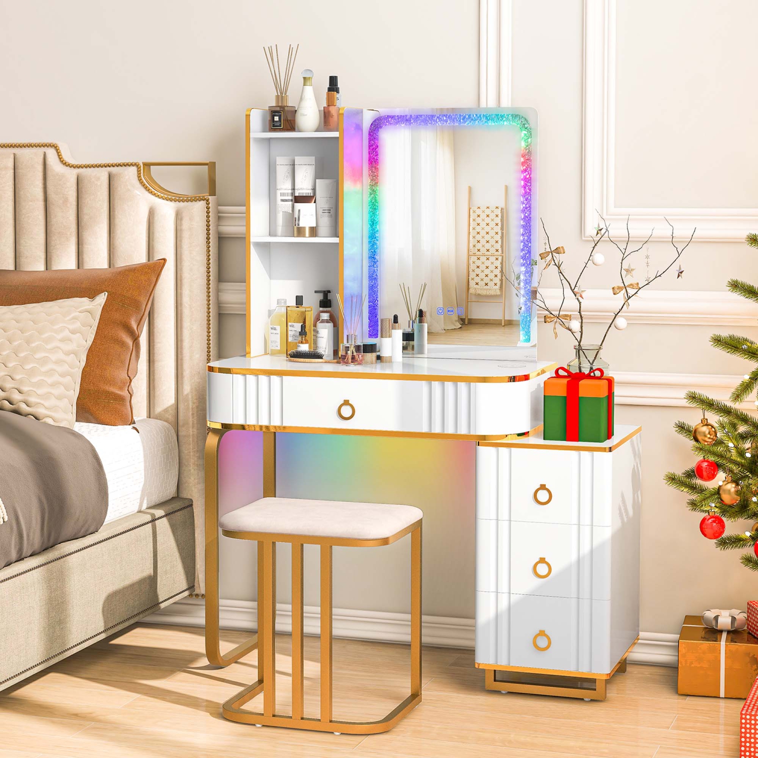 Costway Vanity Table Set with RGB LED Lights Crystal Crush Diamond Mirror Drawers