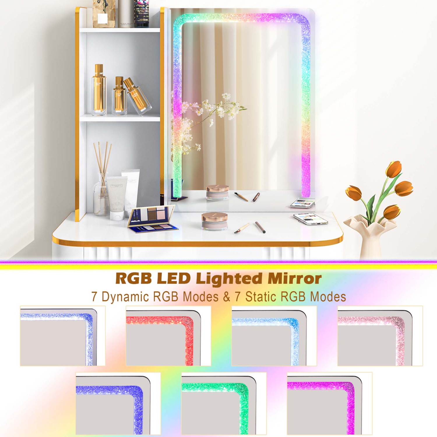 Costway Vanity Table Set with RGB LED Lights Crystal Crush Diamond Mirror Drawers