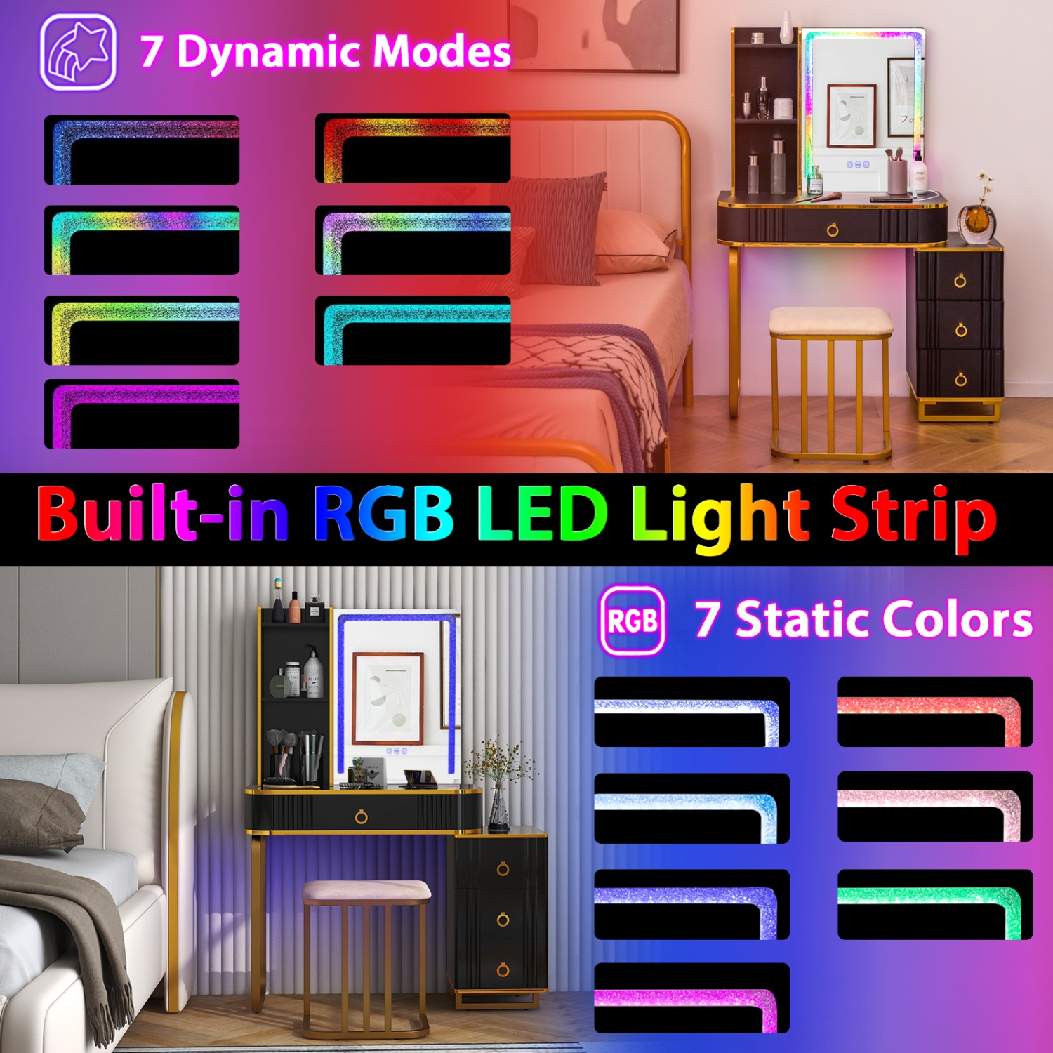 Ensemble de coiffeuse avec lampes DEL RVB et tiroirs miroir diamant Crystal Crush de Costway