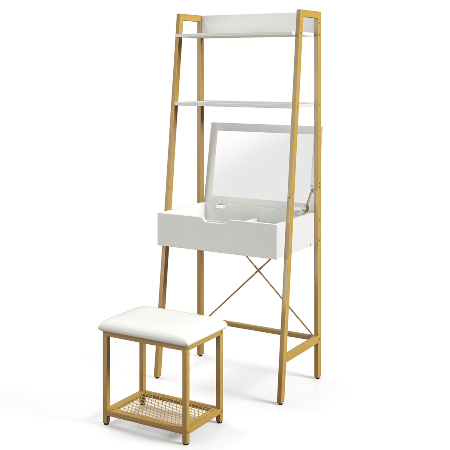 Costway Vanity Table Set Flip Top Mirror Ladder Storage Shelf Cushioned Stool