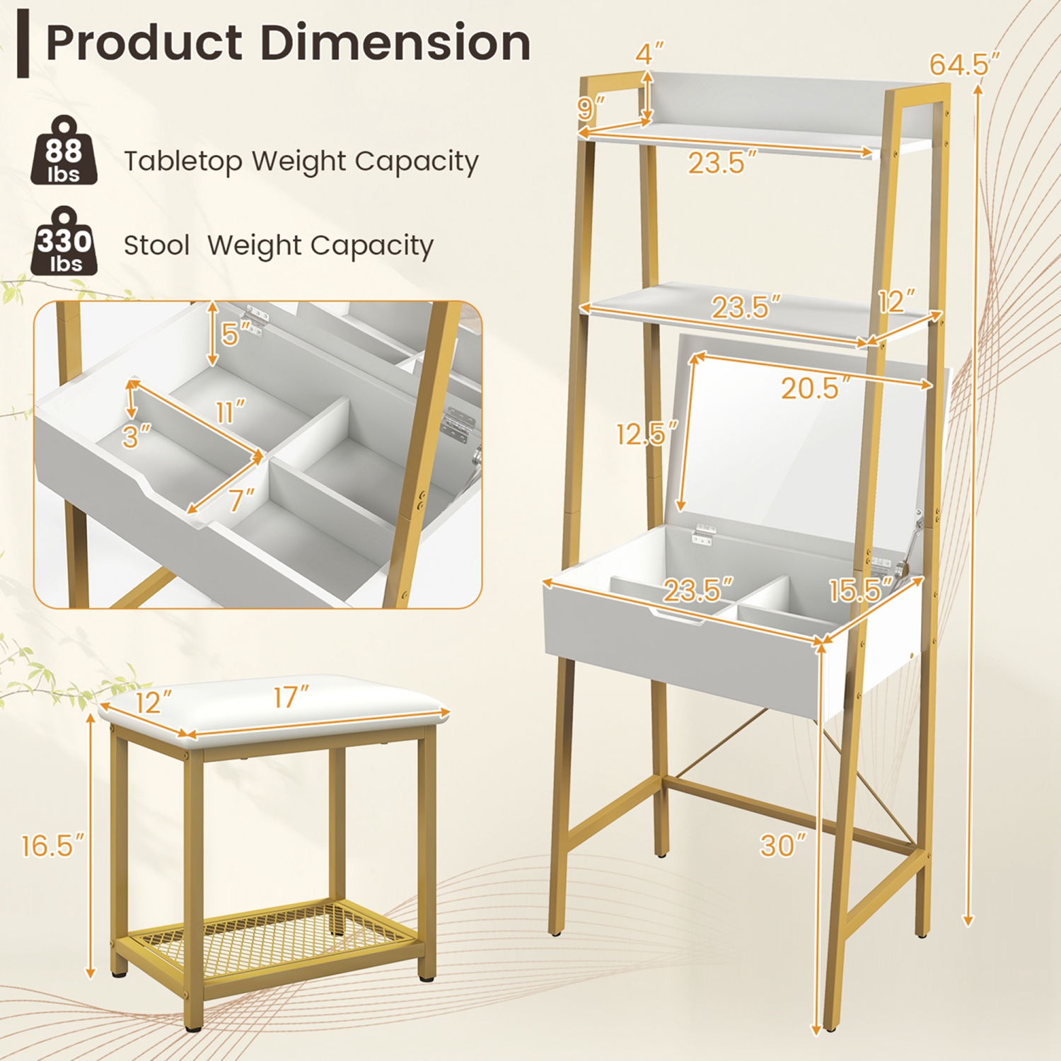 Costway Vanity Table Set Flip Top Mirror Ladder Storage Shelf Cushioned Stool