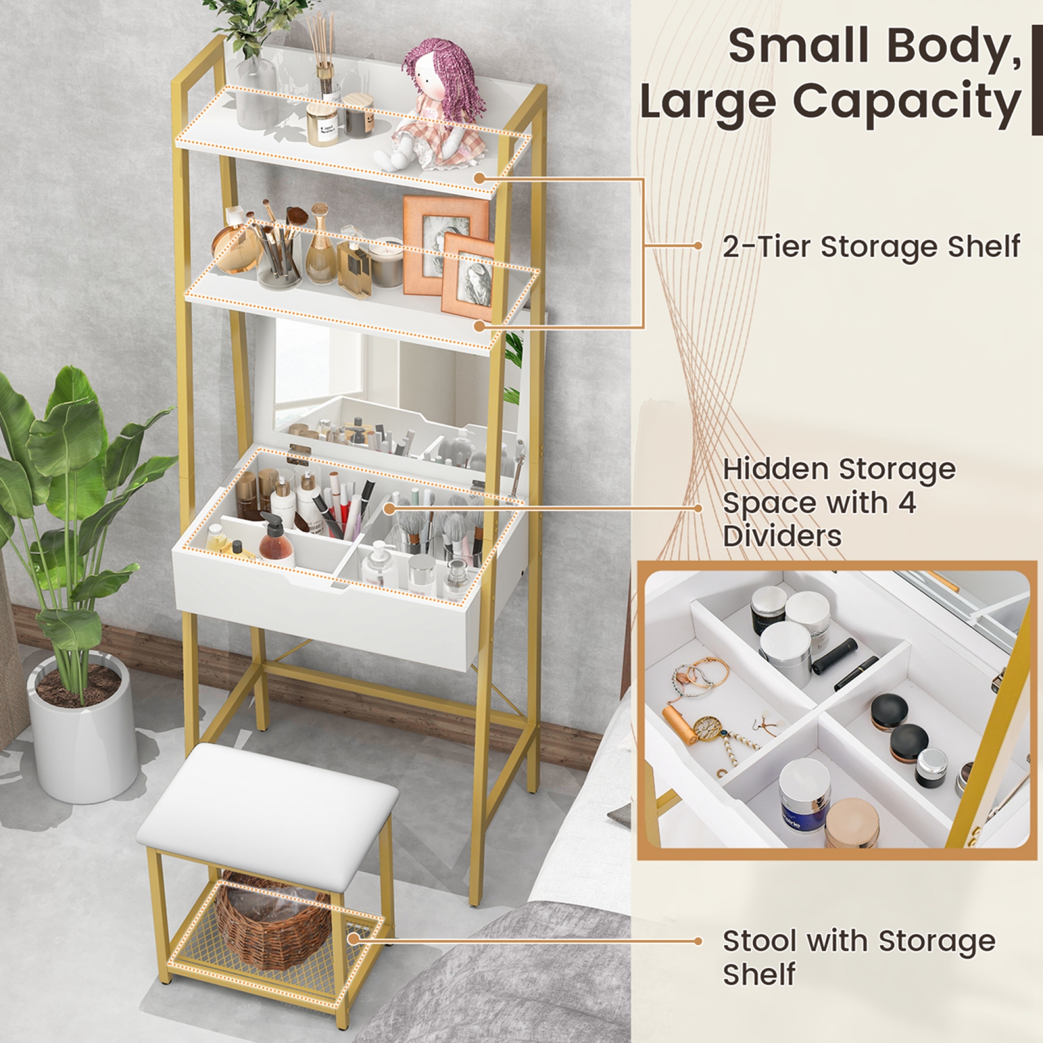 Costway Vanity Table Set Flip Top Mirror Ladder Storage Shelf Cushioned Stool