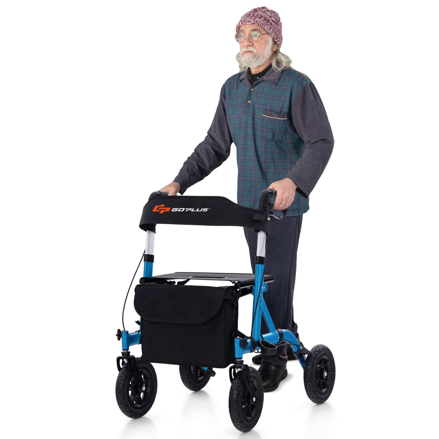 Goplus Foldable Height Adjustable Rollator Walker with Seat, Storage Bag for Seniors