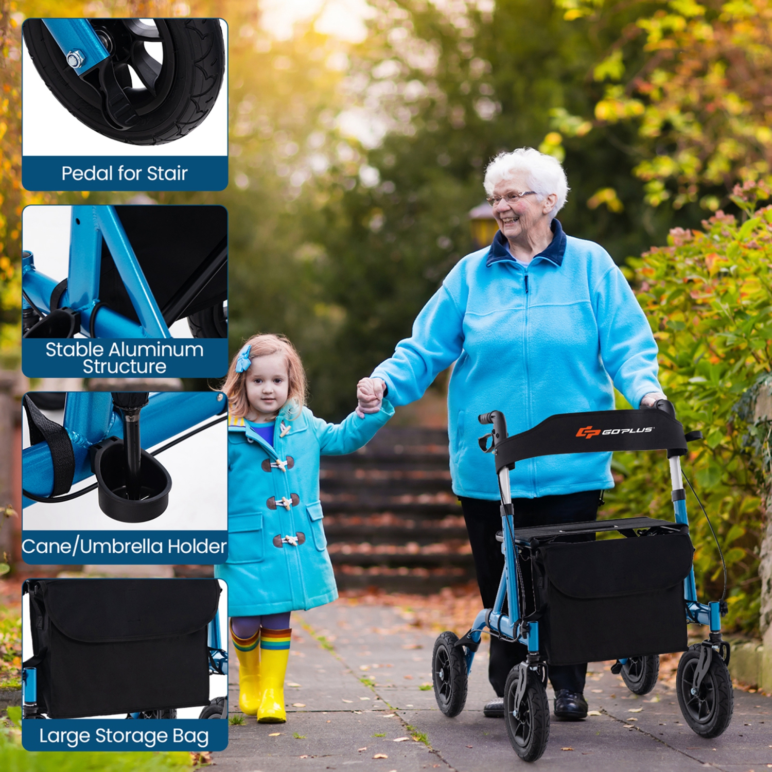 Goplus Foldable Height Adjustable Rollator Walker with Seat, Storage Bag for Seniors