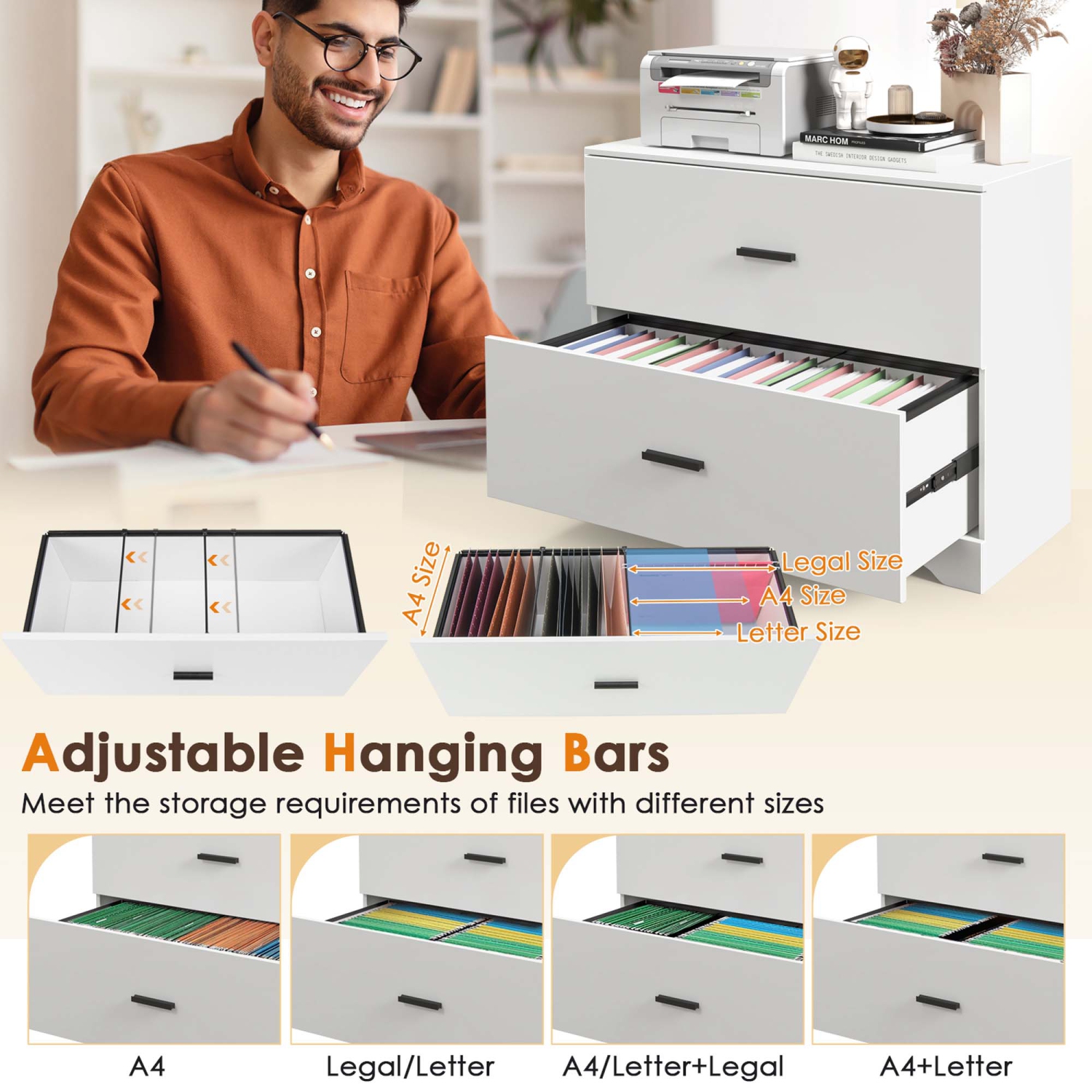 Classeur latéral en bois à 2 tiroirs avec barres réglables de Costway pour le bureau à domicile