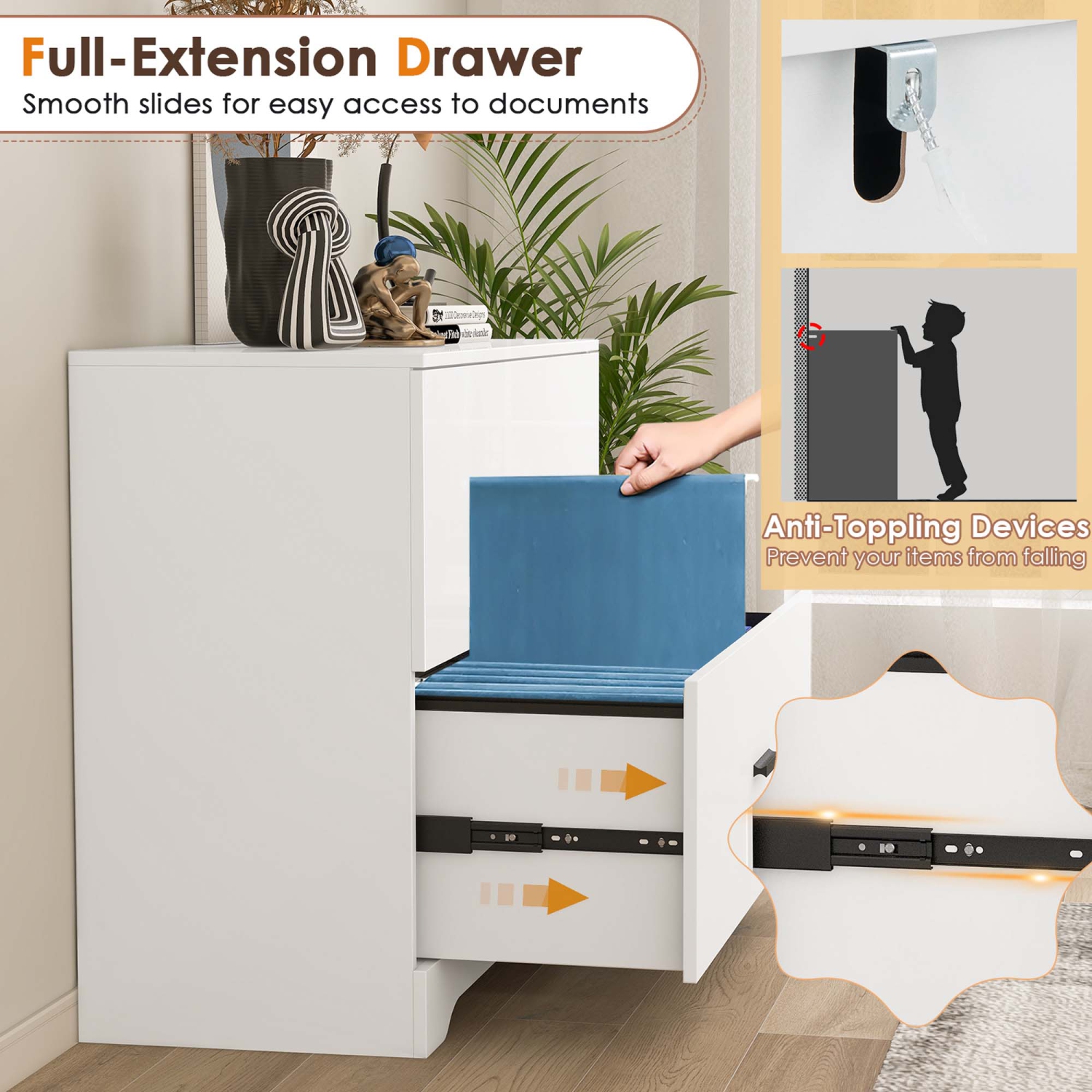 Classeur latéral en bois à 2 tiroirs avec barres réglables de Costway pour le bureau à domicile