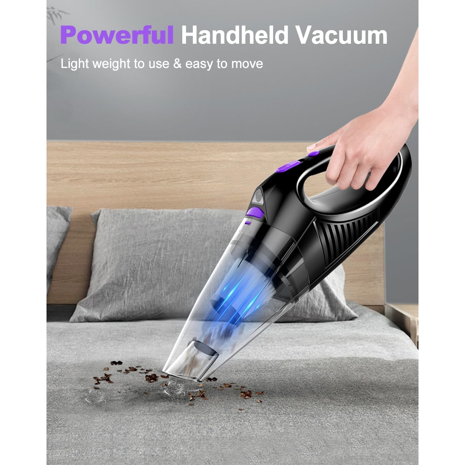 NIERBO Portable Rechargeable Car Vacuum Cleaner High Power with Fast Charge Tech, Powerful Wireless Hand Held Vacuum for Pets, Car, Home, Purple