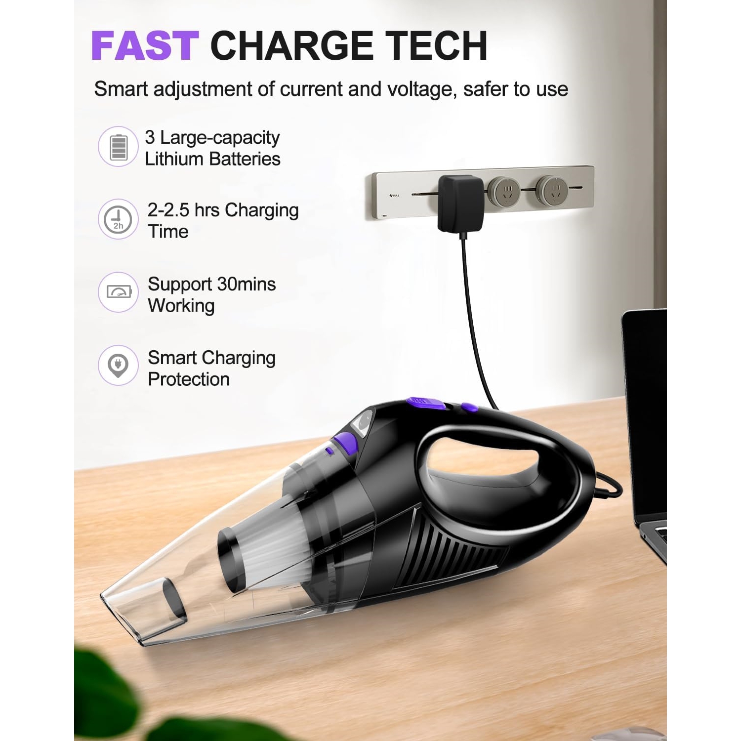NIERBO Portable Rechargeable Car Vacuum Cleaner High Power with Fast Charge Tech, Powerful Wireless Hand Held Vacuum for Pets, Car, Home, Purple