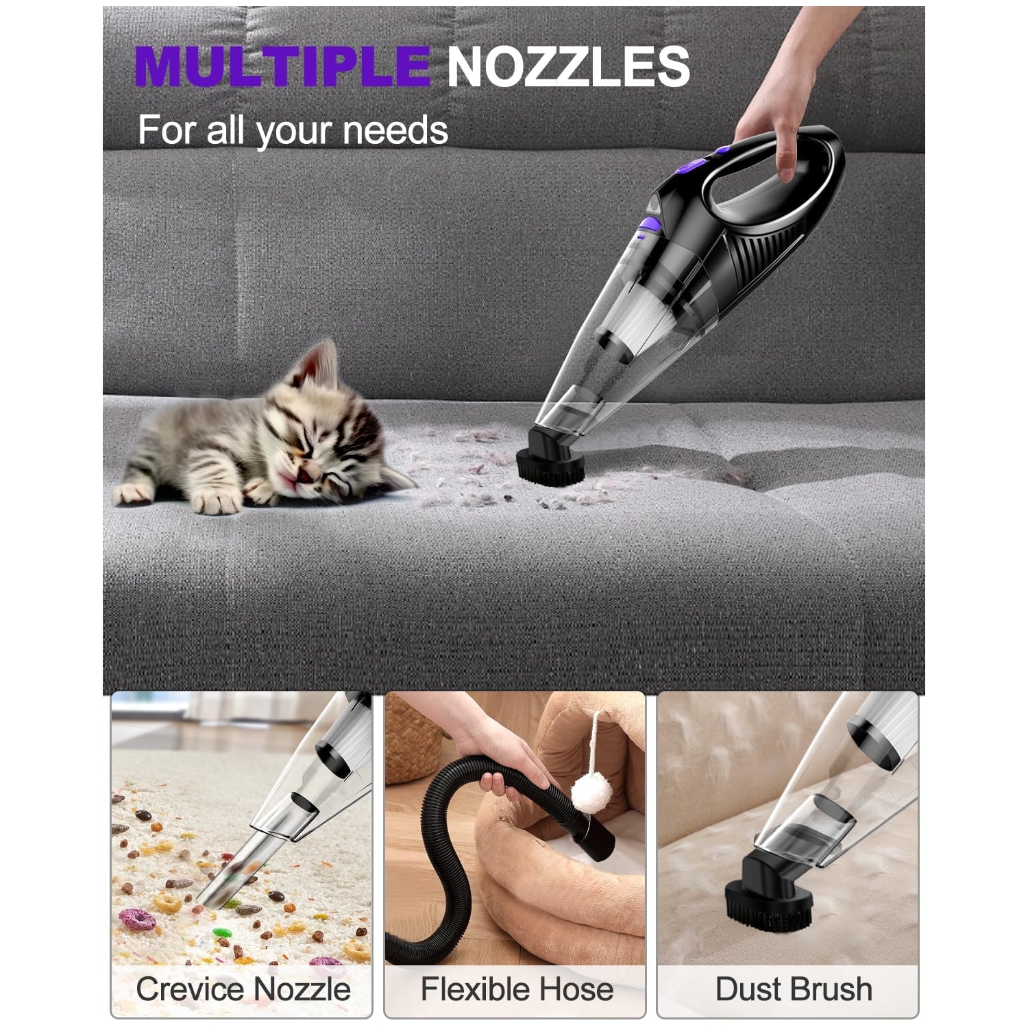 NIERBO Portable Rechargeable Car Vacuum Cleaner High Power with Fast Charge Tech, Powerful Wireless Hand Held Vacuum for Pets, Car, Home, Purple