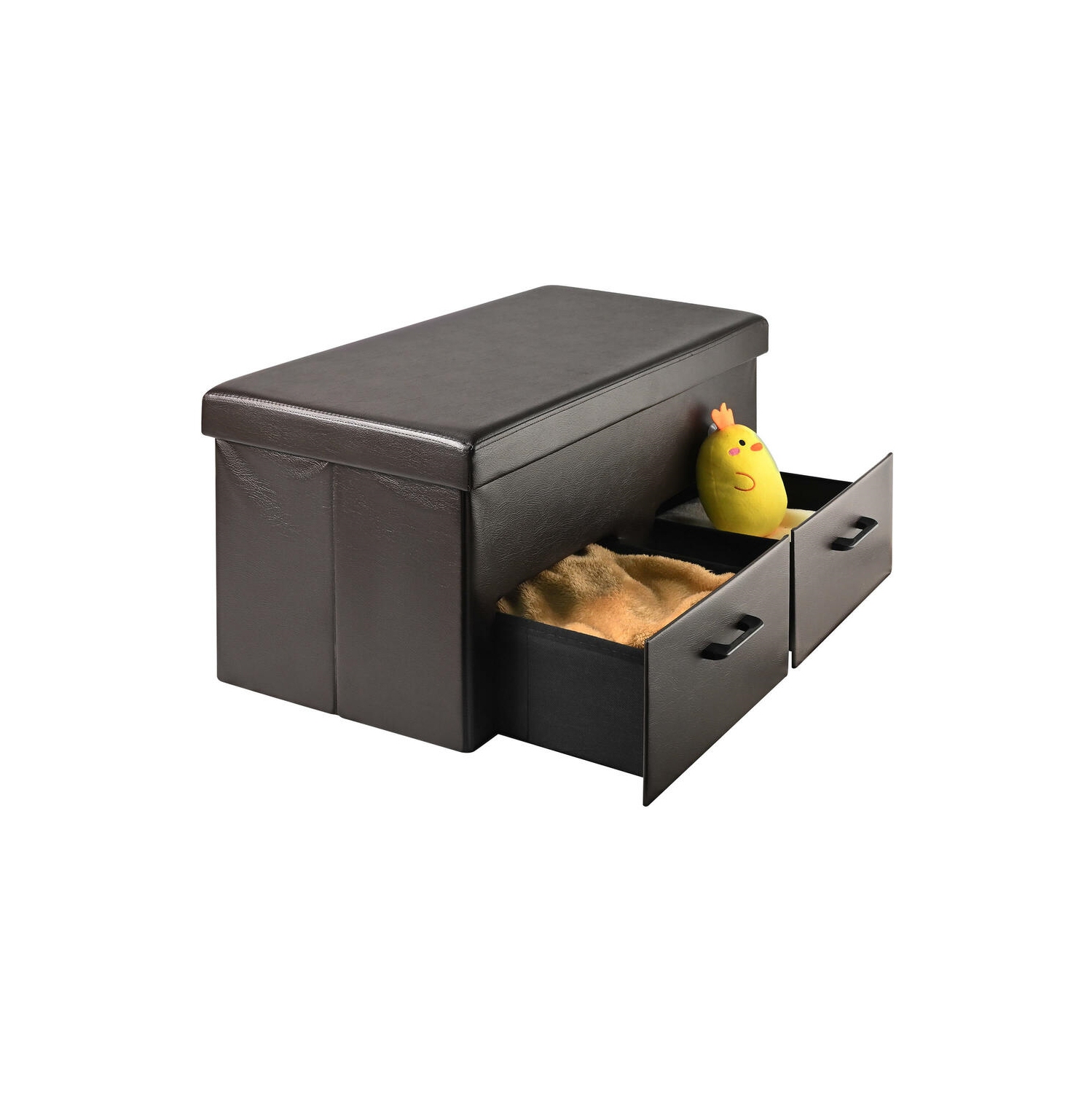 31 Inches Folding Storage Ottoman with Two Drawer, Storage Chest Foot Rest Stool with Faux Leather Storage Bench Seat Footrest Rest Stool- Brown