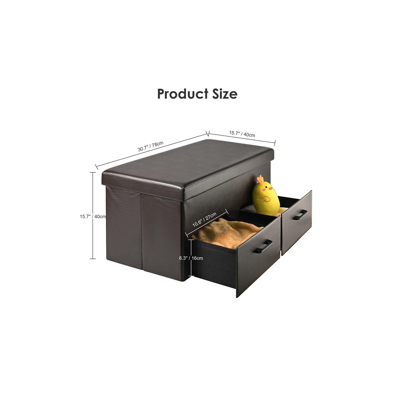 31 Inches Folding Storage Ottoman with Two Drawer, Storage Chest Foot Rest Stool with Faux Leather Storage Bench Seat Footrest Rest Stool- Brown