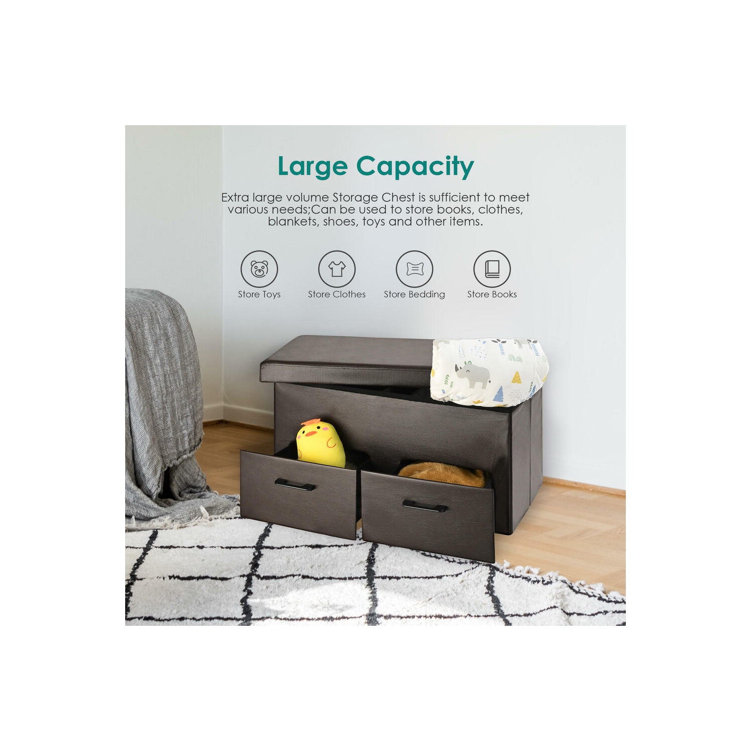 31 Inches Folding Storage Ottoman with Two Drawer, Storage Chest Foot Rest Stool with Faux Leather Storage Bench Seat Footrest Rest Stool- Brown