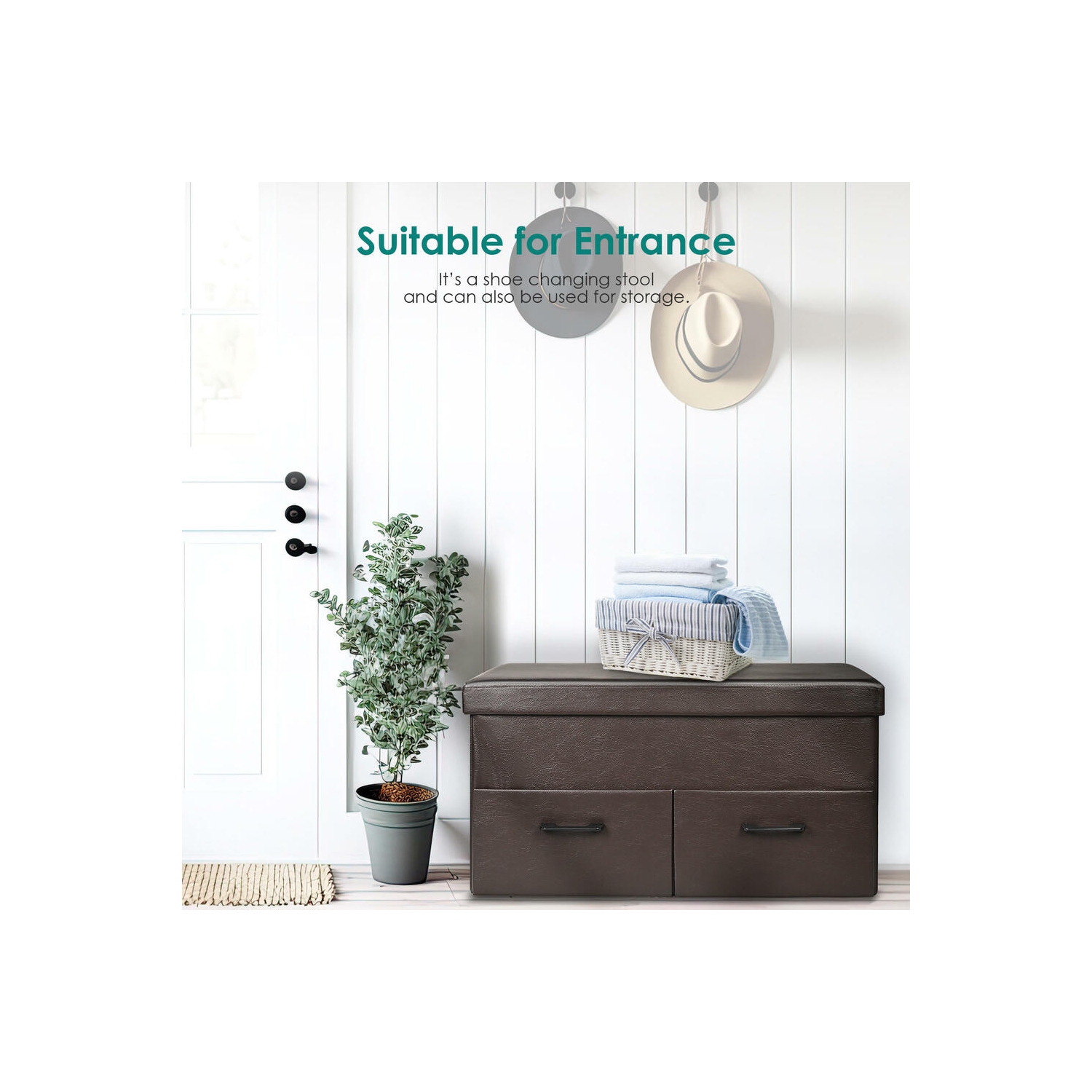 31 Inches Folding Storage Ottoman with Two Drawer, Storage Chest Foot Rest Stool with Faux Leather Storage Bench Seat Footrest Rest Stool- Brown