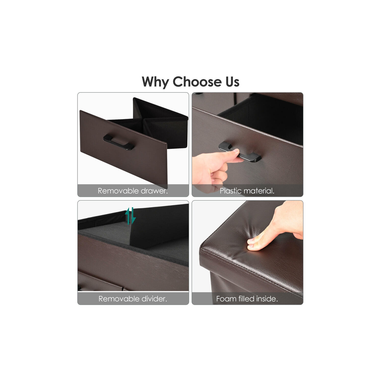 31 Inches Folding Storage Ottoman with Two Drawer, Storage Chest Foot Rest Stool with Faux Leather Storage Bench Seat Footrest Rest Stool- Brown